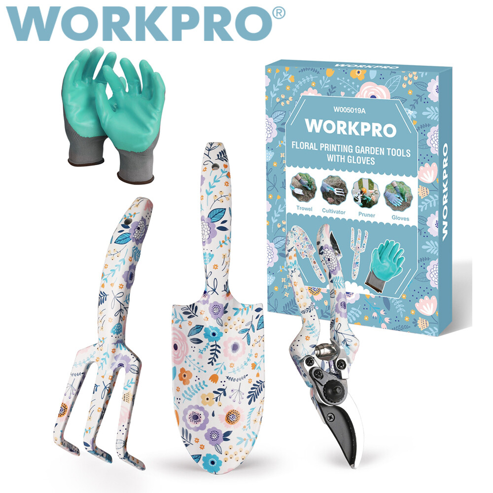 WORKPRO Aluminum Hand Garden Tool Set 4PC Trowel Rake Pruner Garden Gloves w/Box