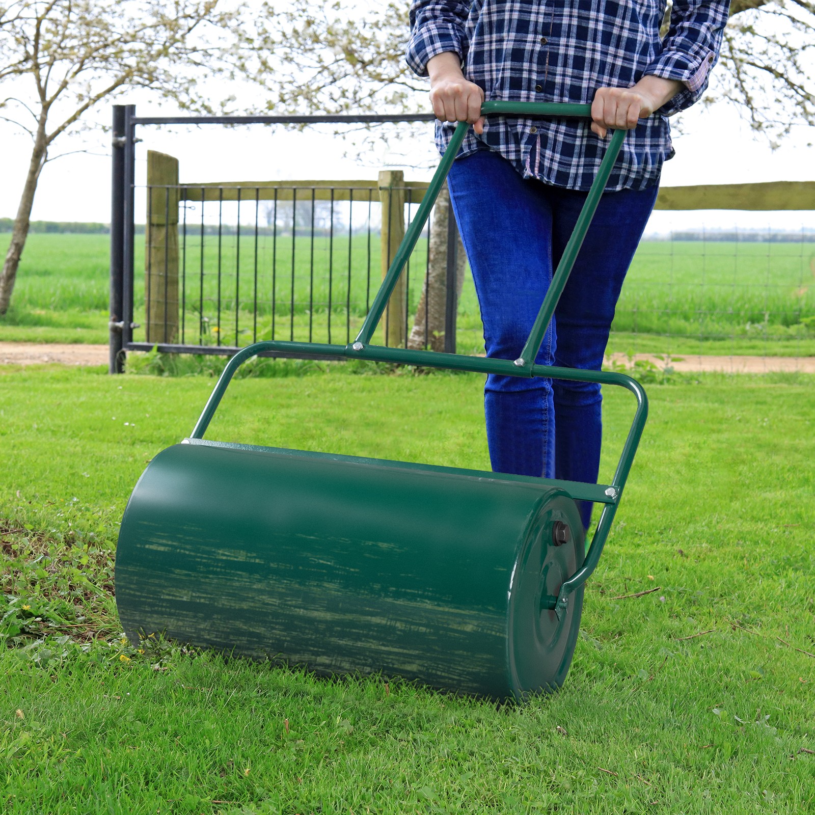 24in Lawn Roller Iron Cylindrical Garden North America Black
