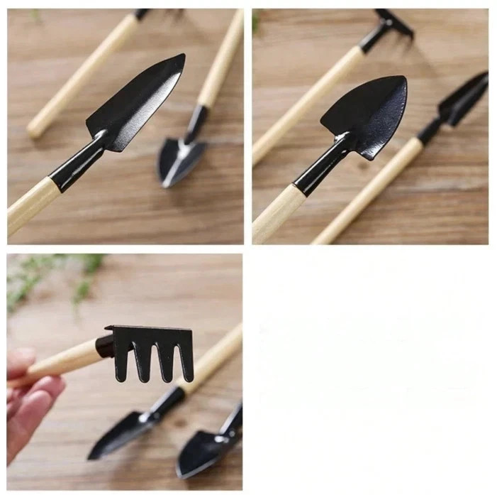 3‑Pc Garden Tool Set – Mini Rake, Shovel & Planter Tools for Potted Plants
