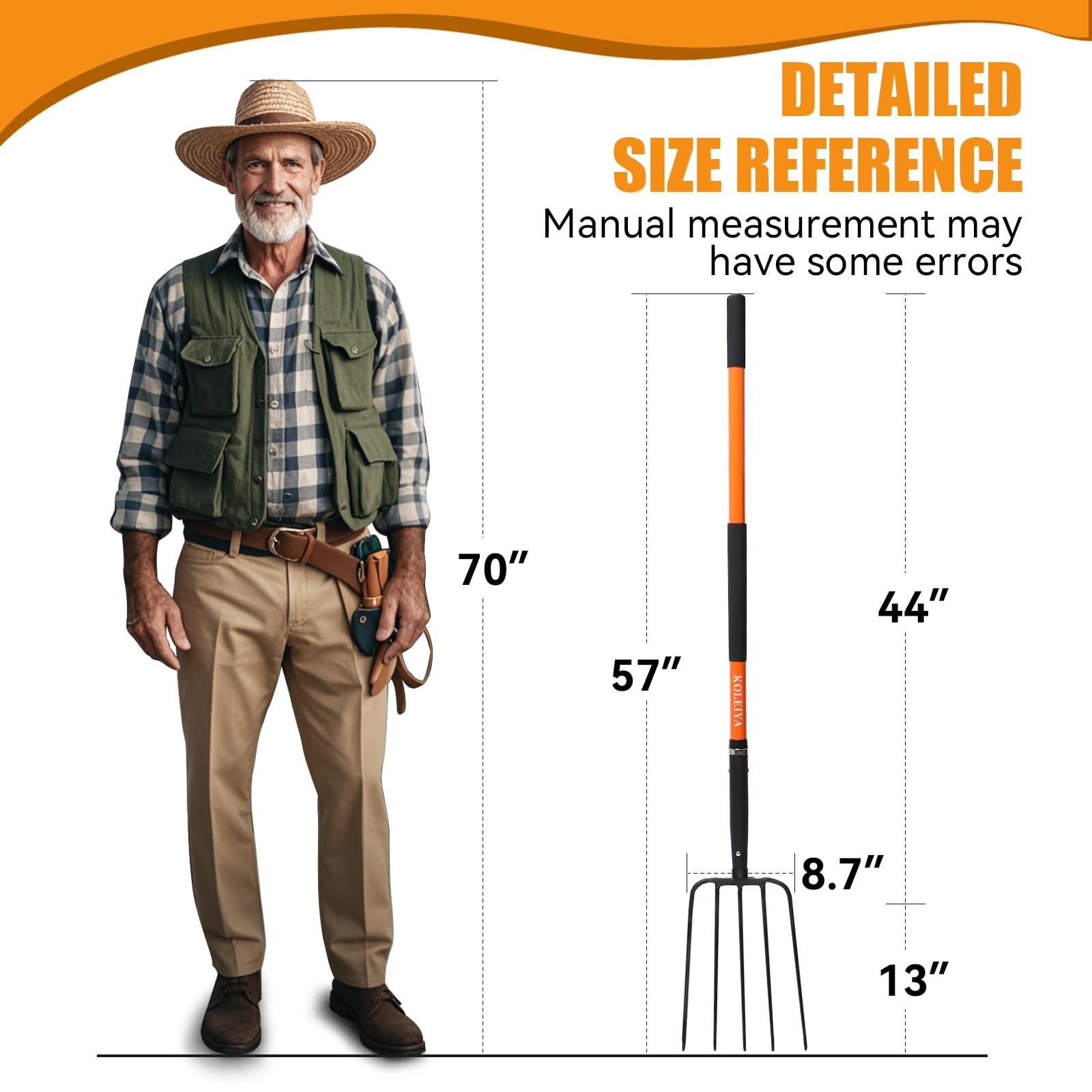 5-Tine Pitchfork for Gardening, 57-Inch Heavy Duty Garden Fork with Orange Fi…