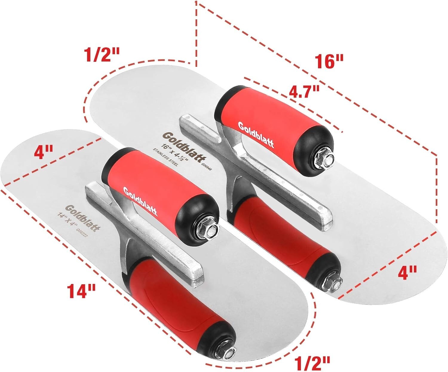 2PCS Stainless Steel Pool Trowel 16”x4-1/2”&14” x 4” Trowel Soft Grip Handle