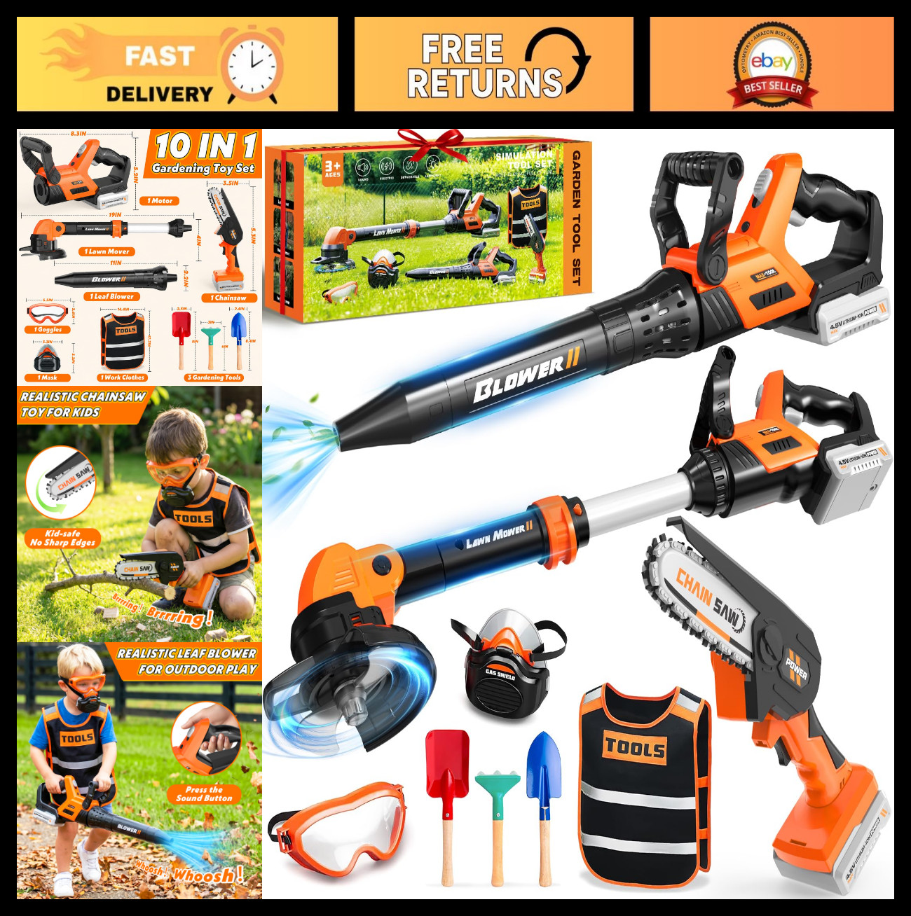 10-in-1 Kids Outdoor Tool Set – Leaf Blower, Weed Wacker & Chainsaw Toys for Age