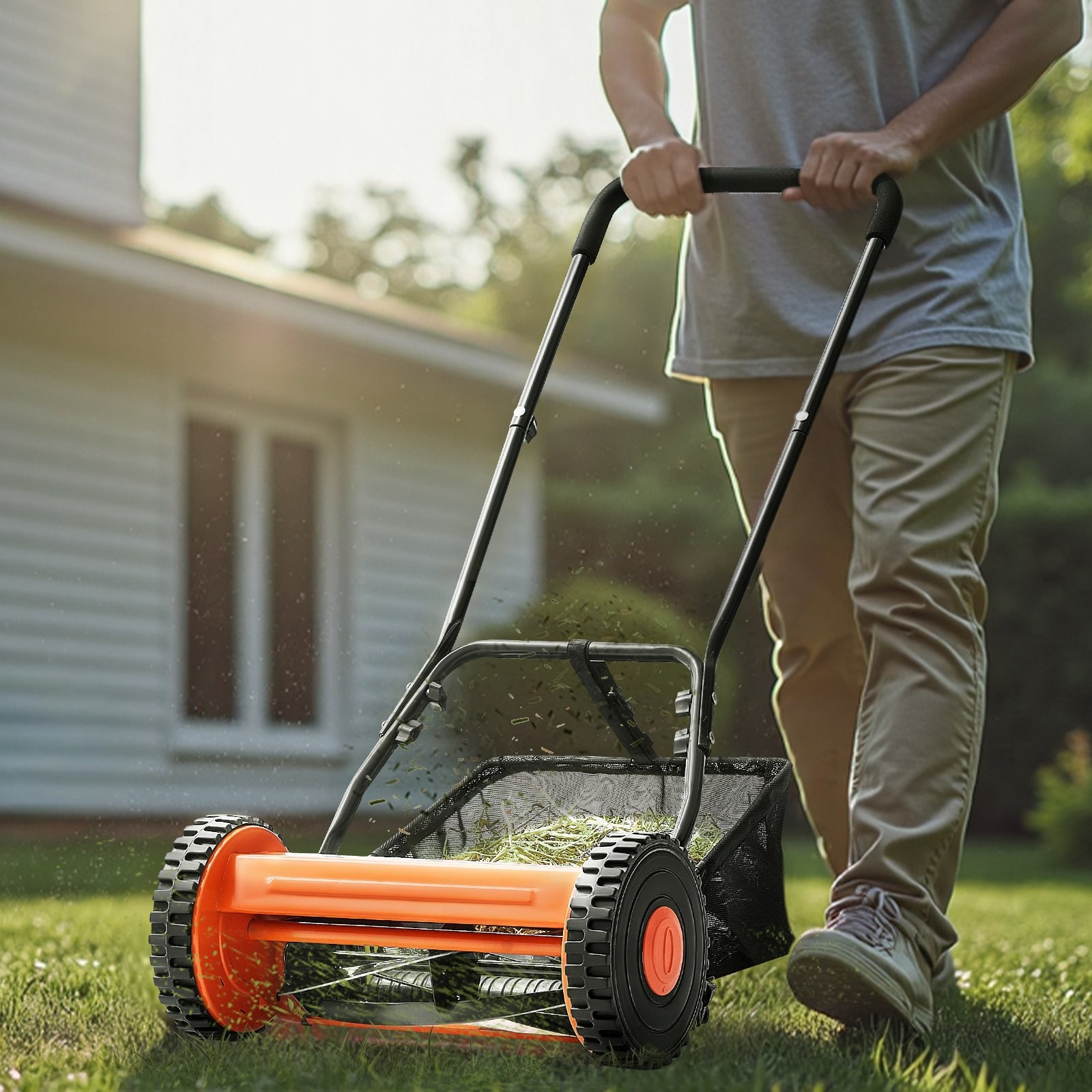 Push Reel Lawn Mower 14 inch,5 Blades Manual Push Mower No Motor,0.6-1.75 in Adj