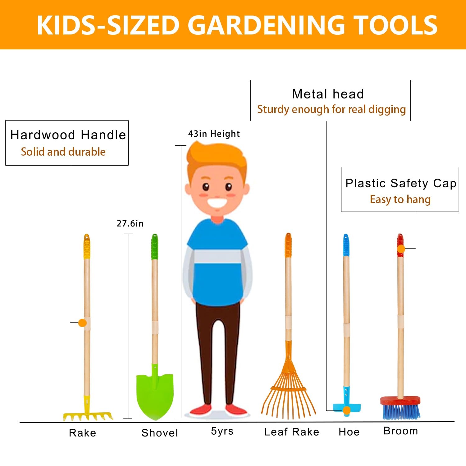 POMIKU Kids Shovel, Rake for Leaves, Spade, Hoe and Broom, 5Pcs Kids Garden T…