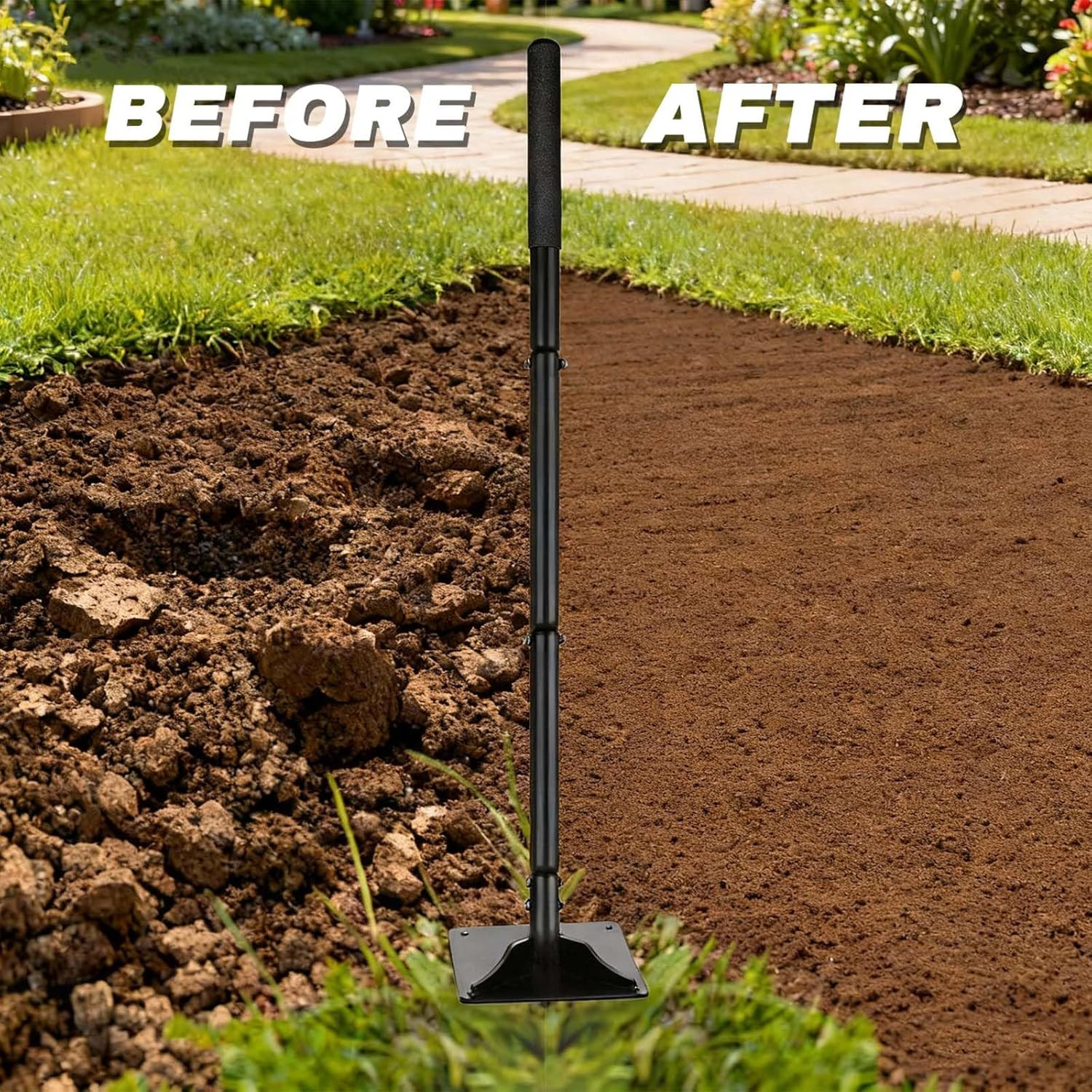 Steel Tamper Tool with 48 Inch Handle, 10”X10” Gardening Hand Tools for Leveli