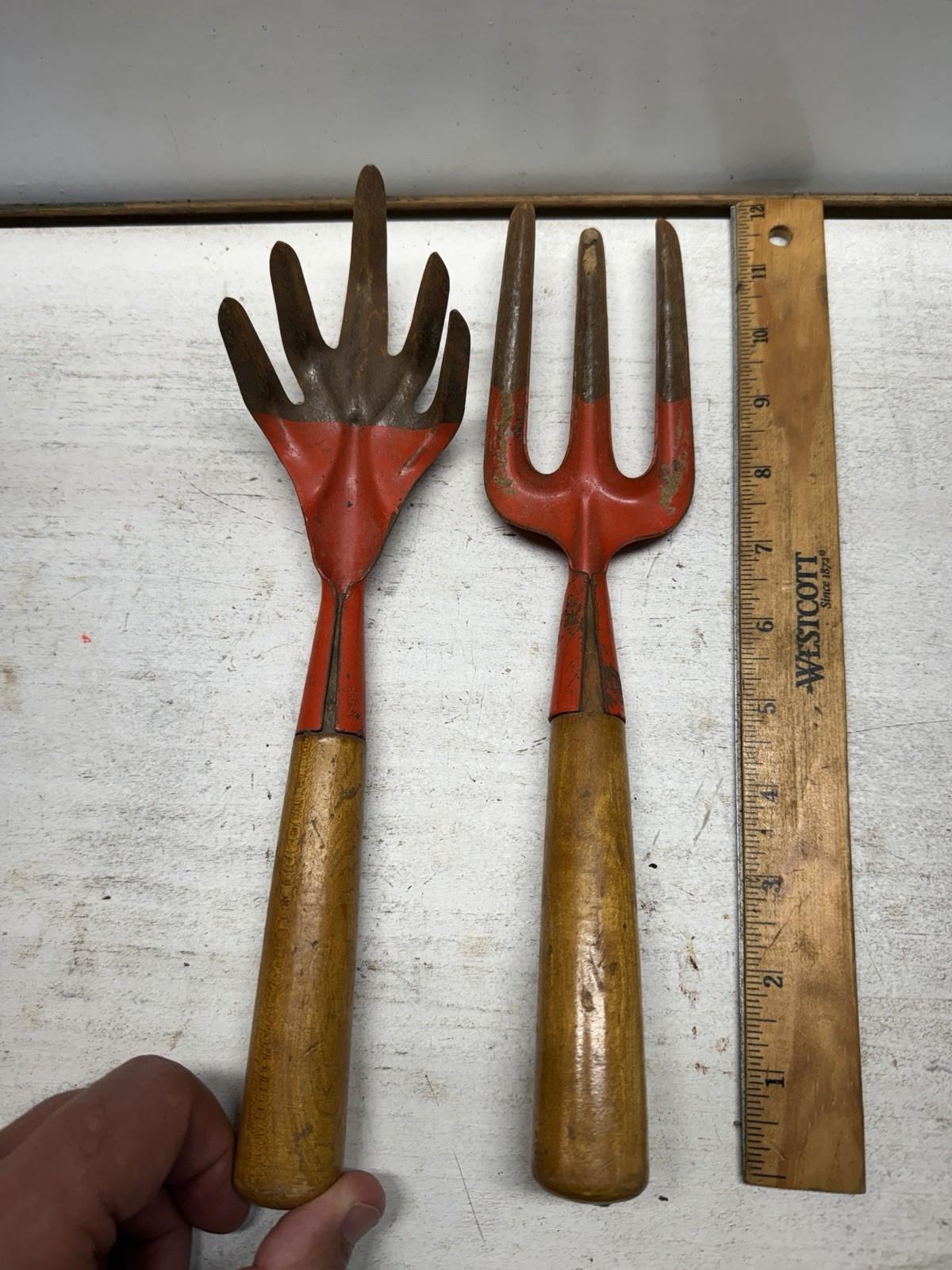 Vintage Garden Fork & Cultivator 1960s Orange Painted Metal & Wood Hand Tools