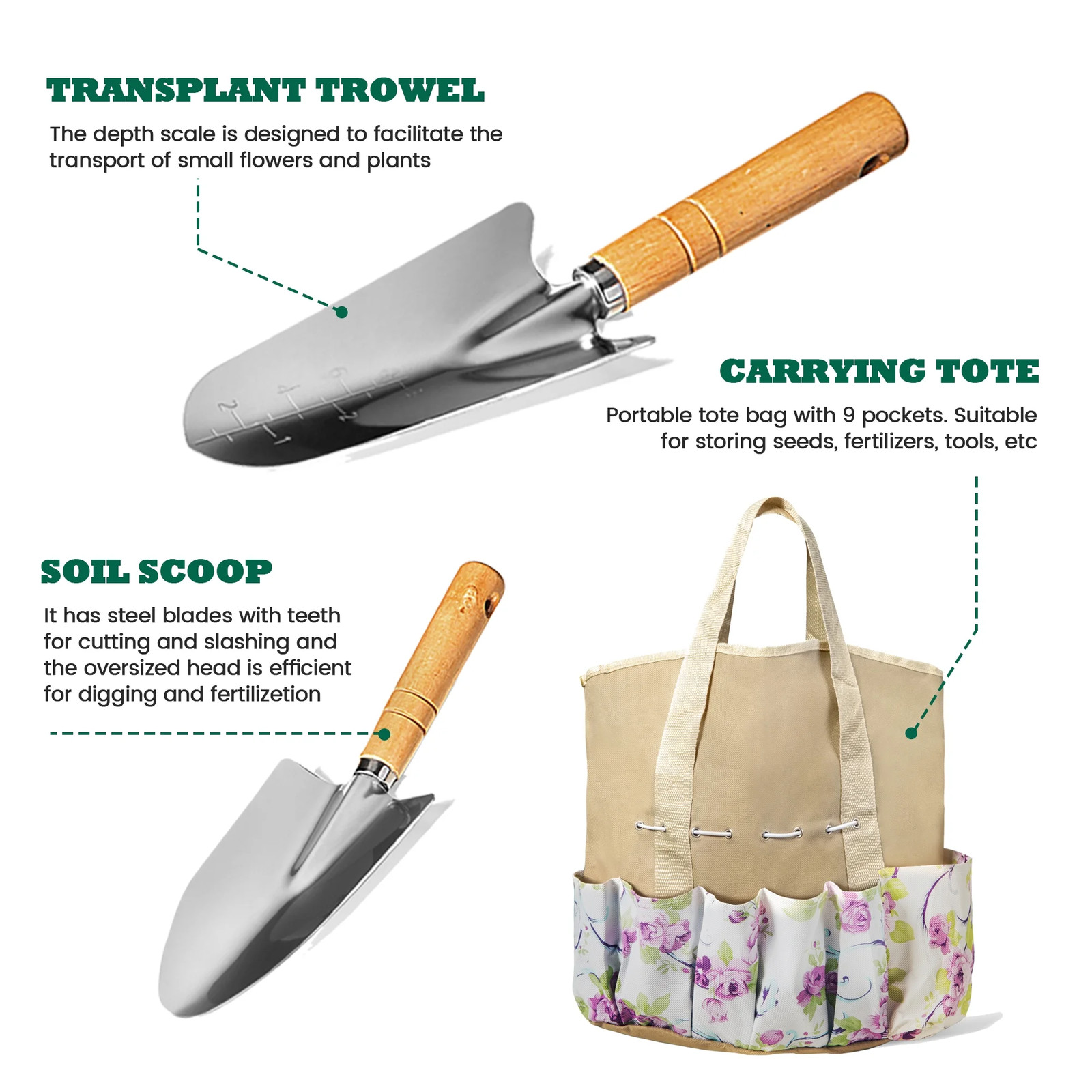 GARDEN TOOL SET 9 Piece Gloves Heavy Duty Cultivator Weeder Pruner Trowel Gloves