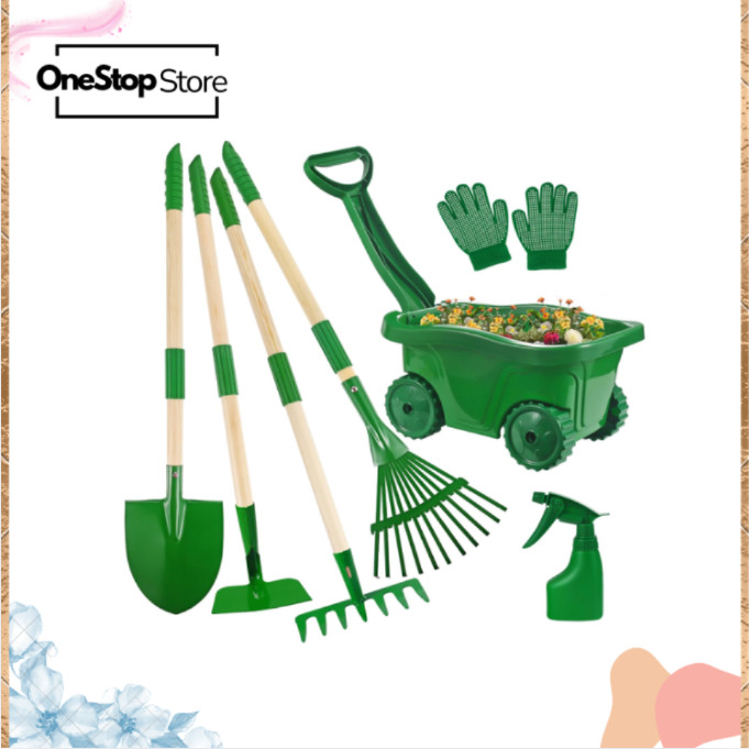 Kids Gardening Tool Set 7PCS Wheelbarrow Shovel Rake Outdoor Garden Toys