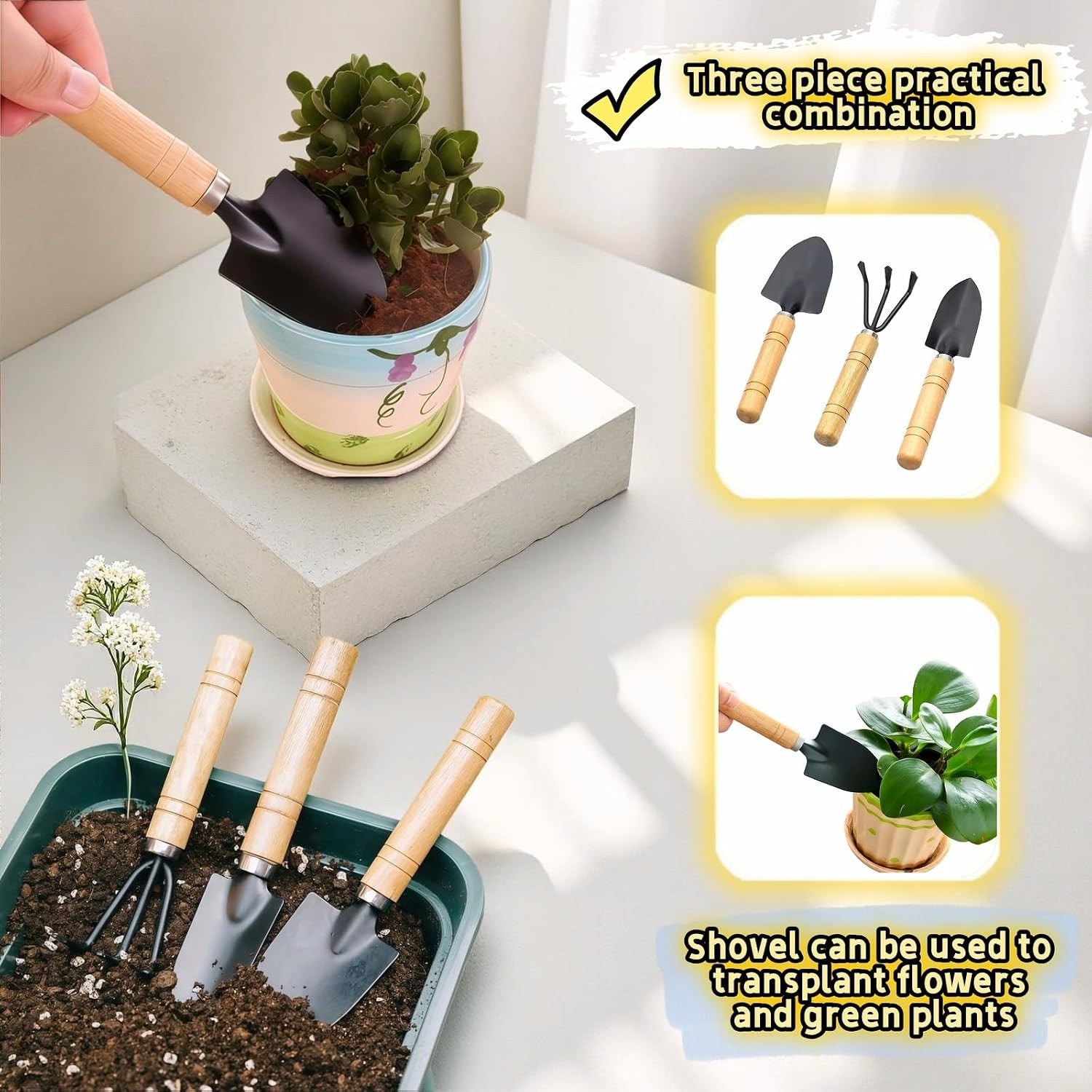 3-Piece Mini Garden Tool Set, Indoor Plant Care Kit with Wood Handle, Black Iron