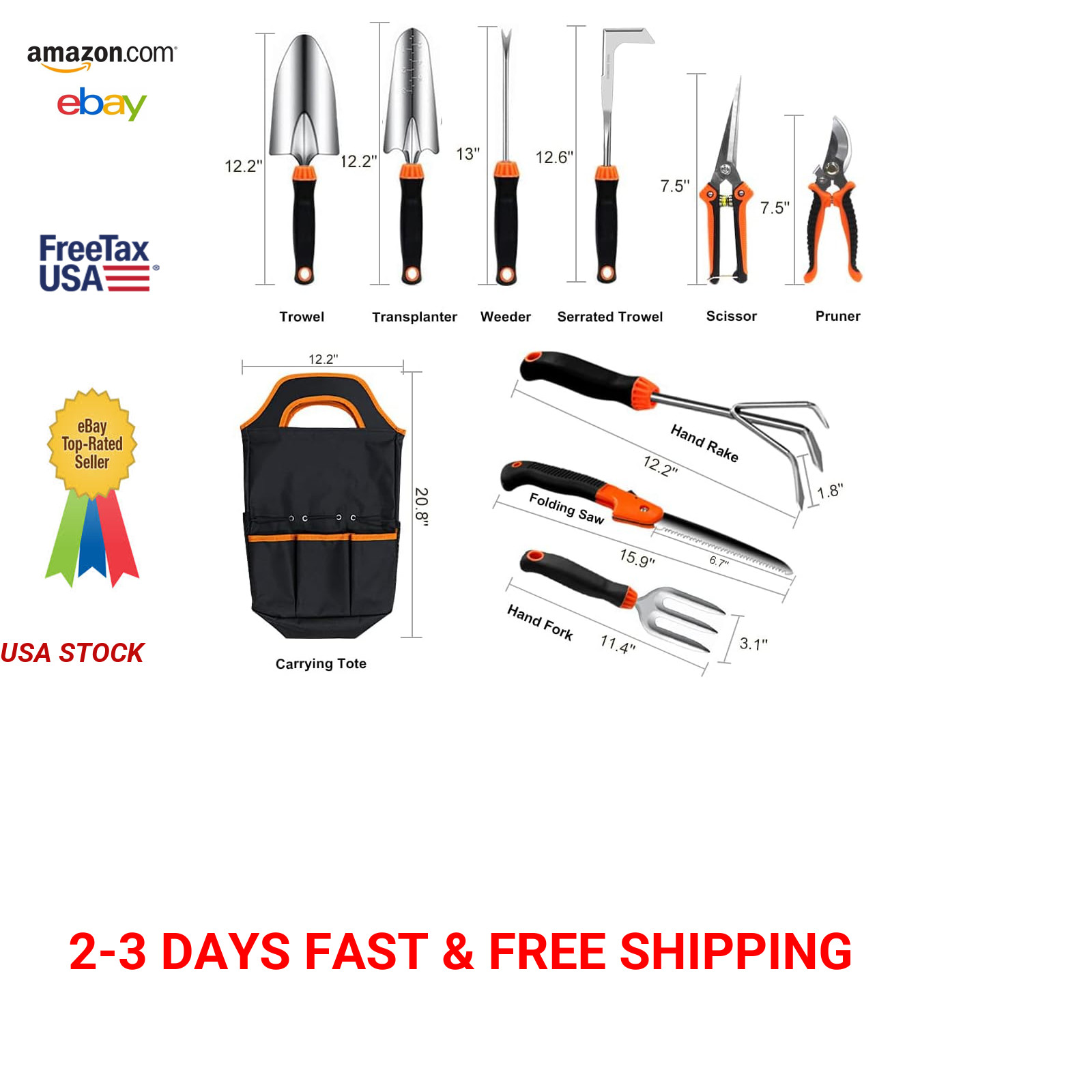 Garden Tool Set 10 Pieces Stainless Steel Heavy Duty Ergonomic Handle Storage