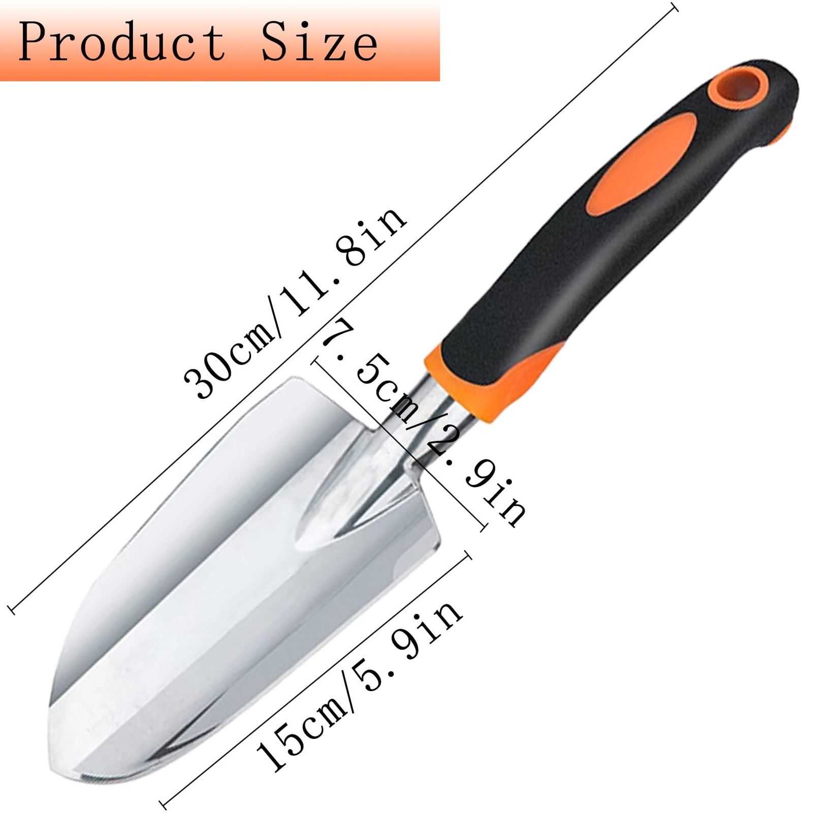 Garden Shovel Hand Trowel Heavy Duty Ergonomic Handle Rust Resistant Orange