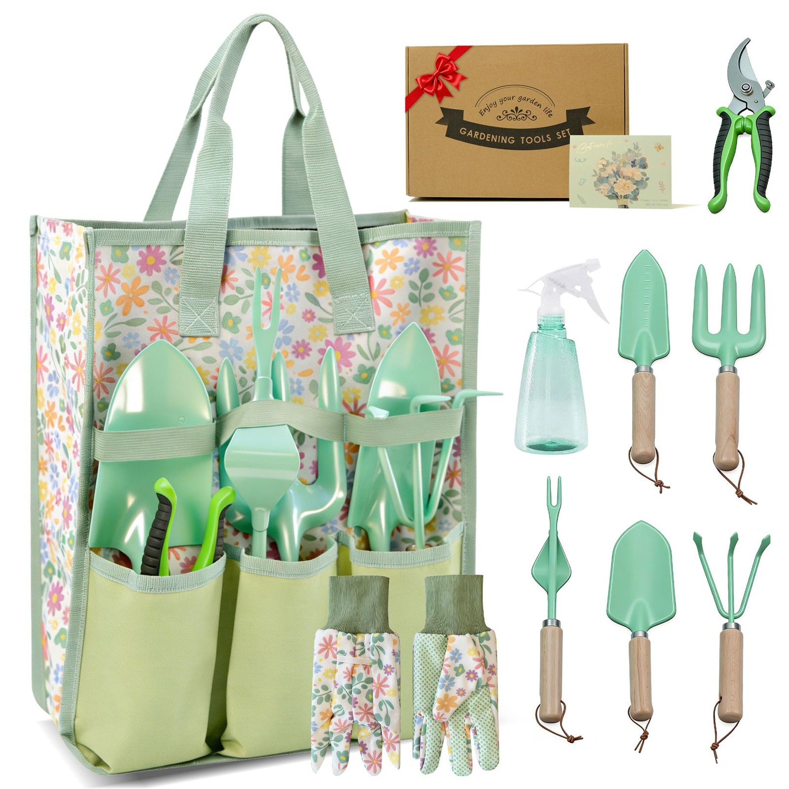 9 PCS Heavy Duty Garden Hand Tools Set Green Stainless Steel Organizer Bag