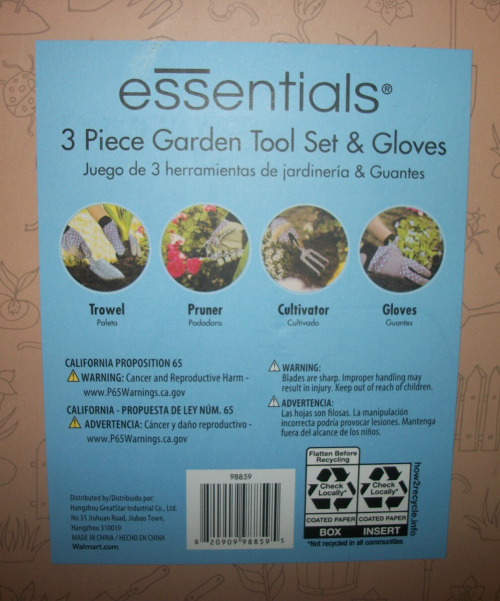 NEW ESSENTIALS PRINTED 3 PIECE GARDEN TOOL SET & GLOVES TROWEL PRUNER CULTIVATOR