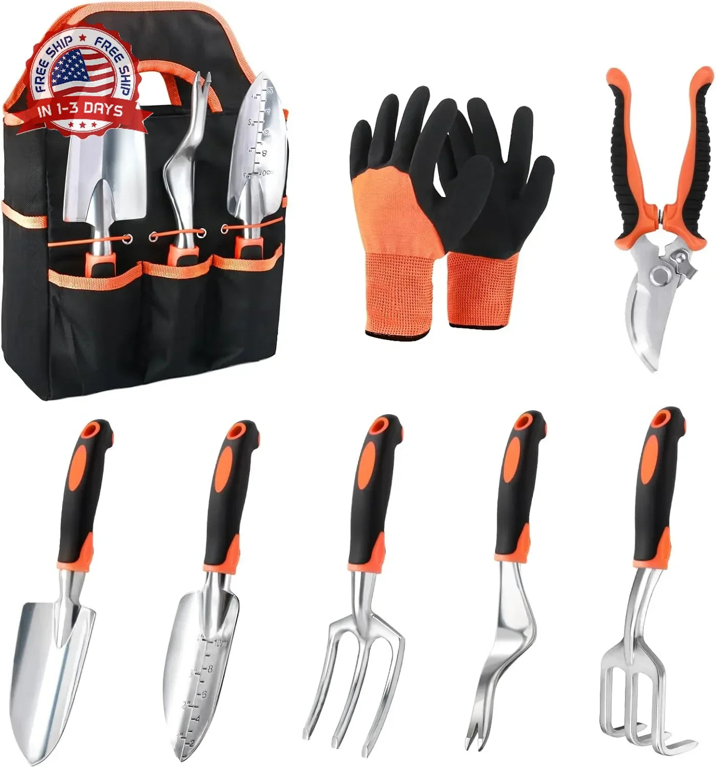 Garden Tools Set, 8 Piece Gardening Tools Set with Non Slip Ergonomic Handle, He