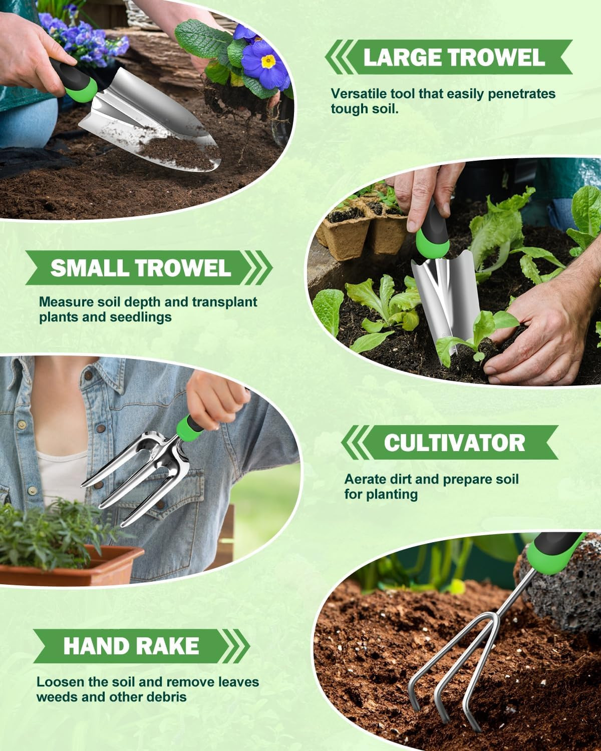 Garden Tools Set, 8 in 1 Heavy Duty Garden Tools Kit, Stainless Steel Ergonomic