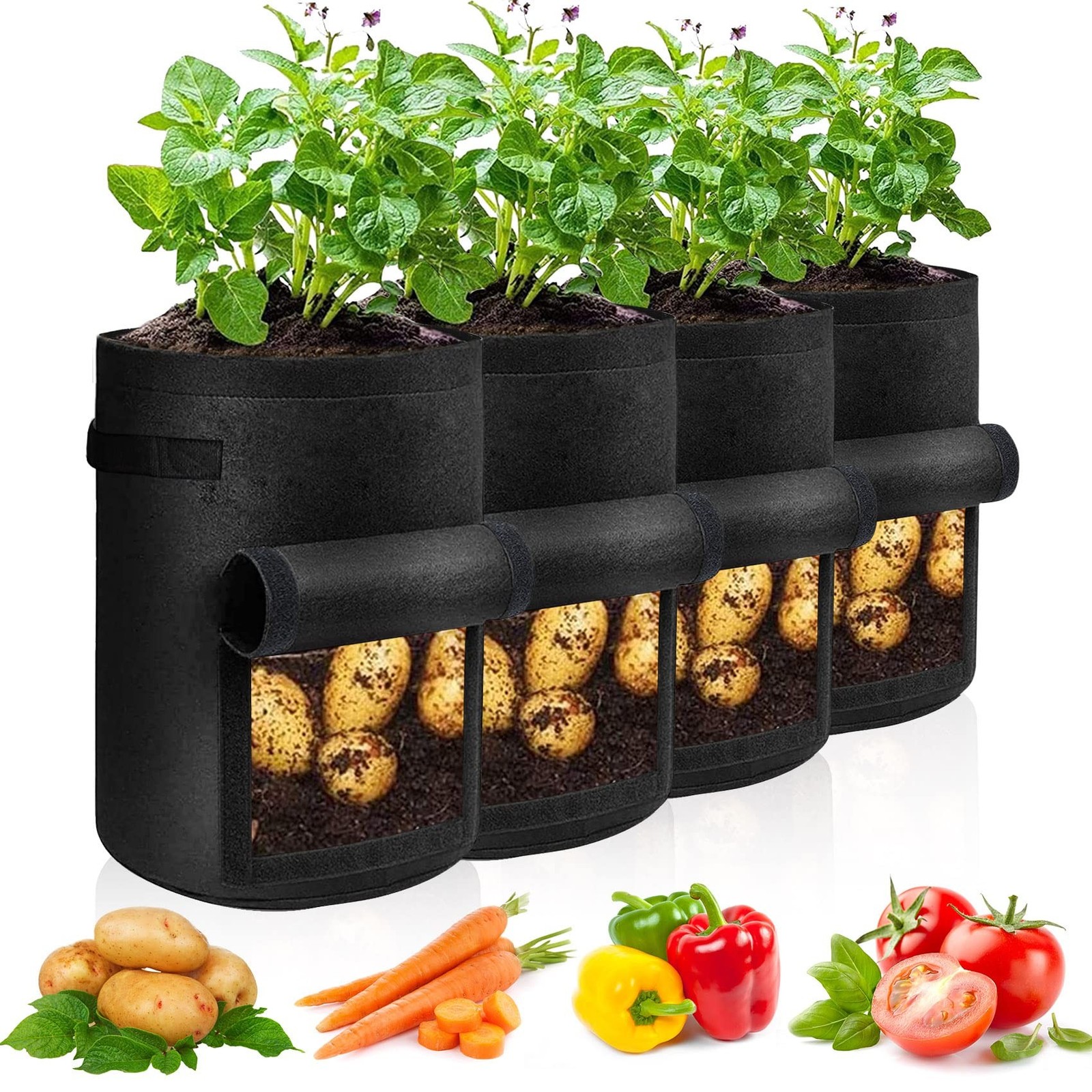 JJGoo 4 Pack Potato Grow Bags 10 Gallon with Flap, Heavy Duty Fabric with Han…