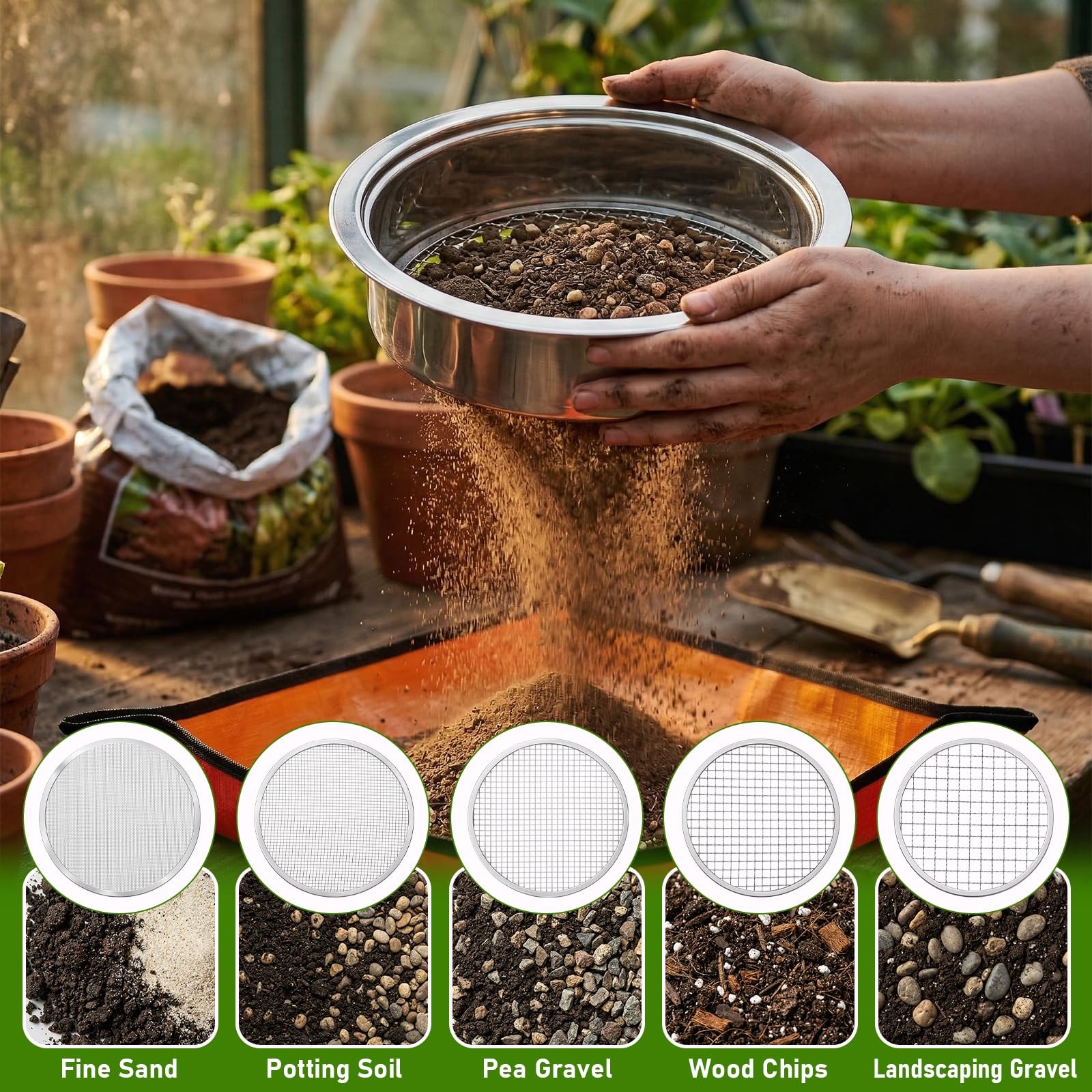 8 PCS Soil Sifter Set for Garden, Stainless Steel Soils Sieve Set, Compost Si…