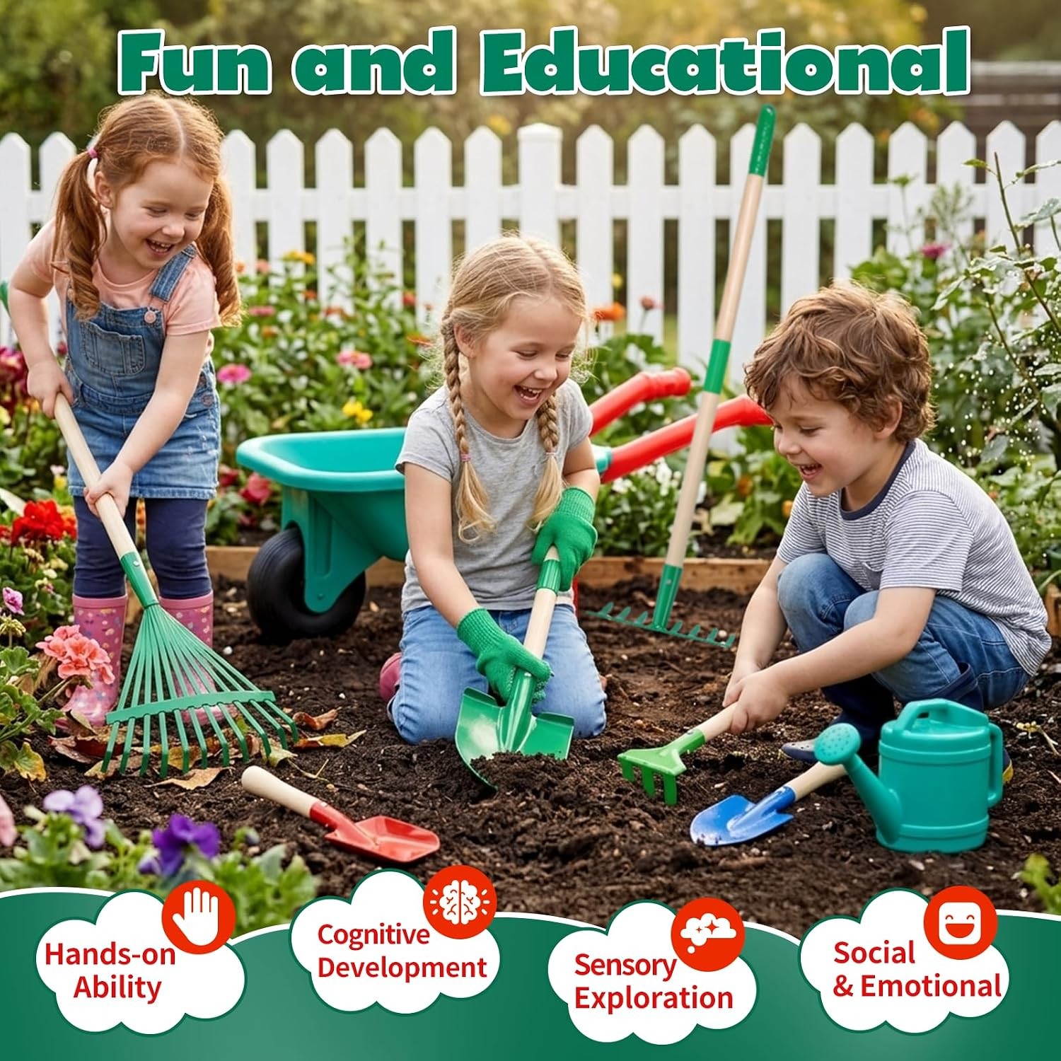 Kids Gardening Tools Set 9PCS Toddler Garden Toy W/ Kids Wheelbarrow Shovel Rake