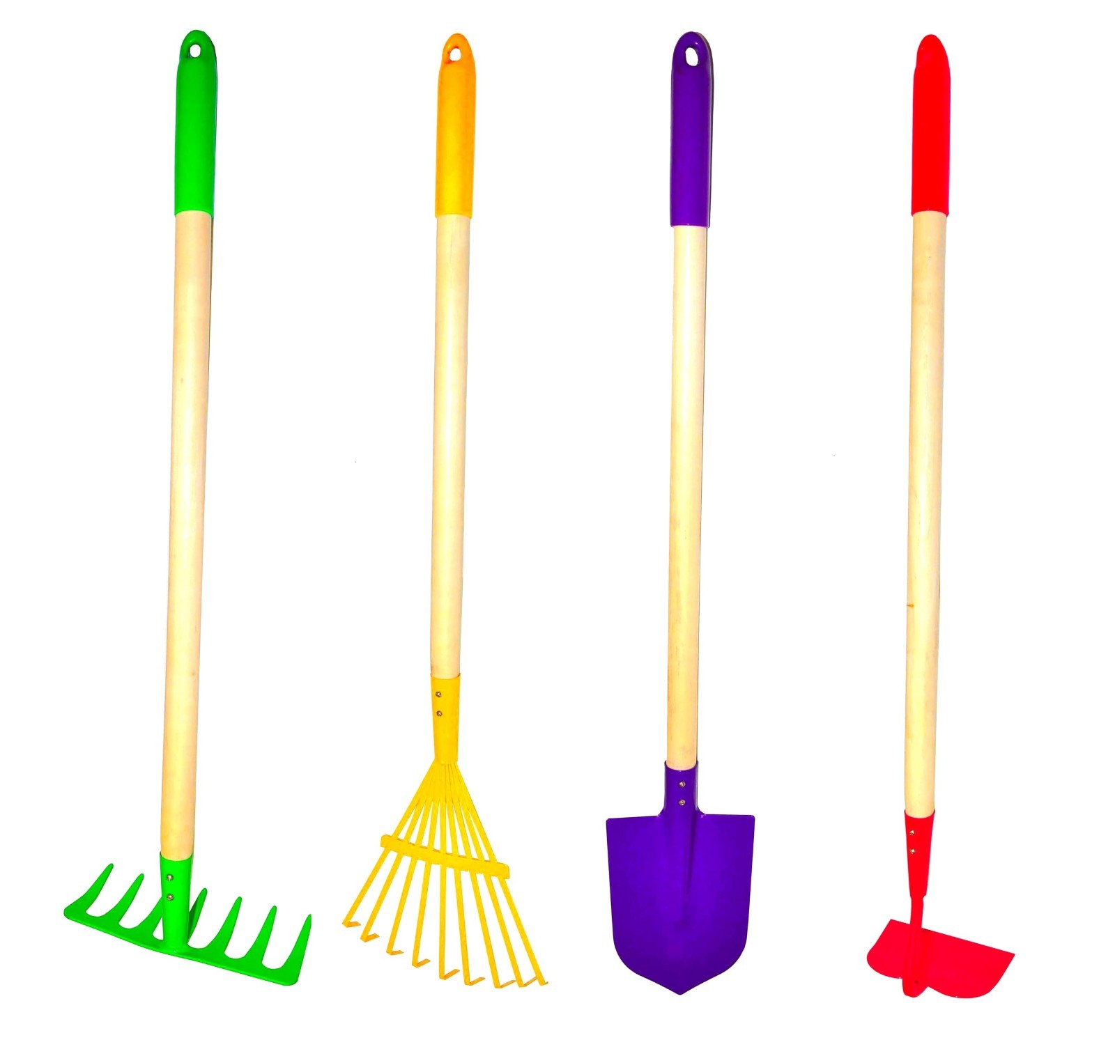 Kids Garden Tool Set – 4-Piece Toy Rake, Spade, Hoe & Leaf Rake, Sturdy Steel, W