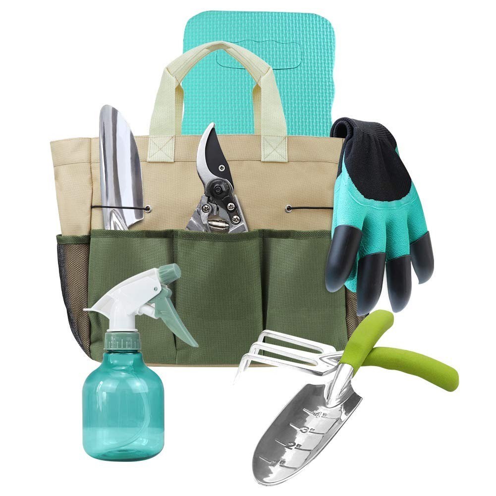 Gardening Tools Set – 3 Aluminum Tools, Pruning Shear, Spray Bottle, Kneeler & G