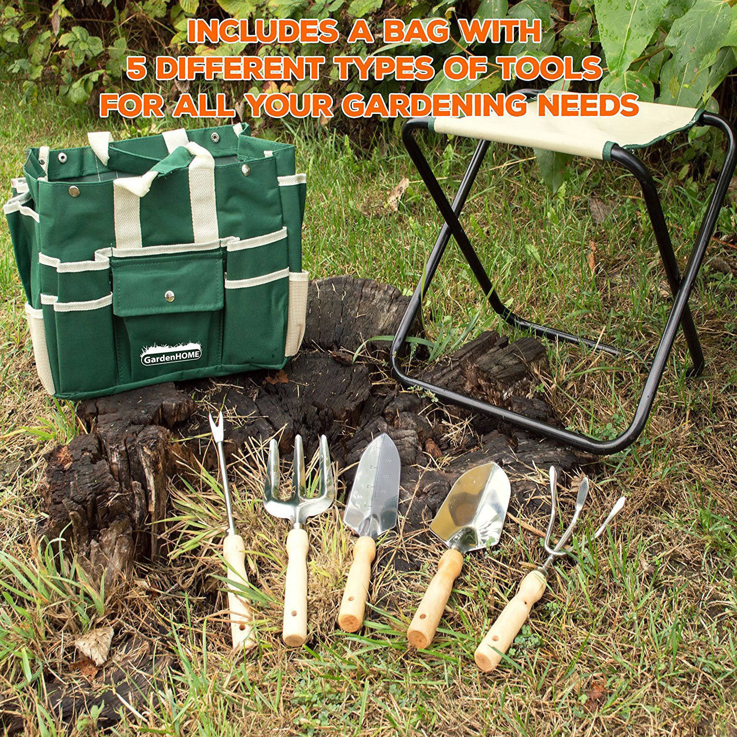 7-Piece Gardening Tool Kit with Garden Tools Bag and a Foldable Stool for Man a