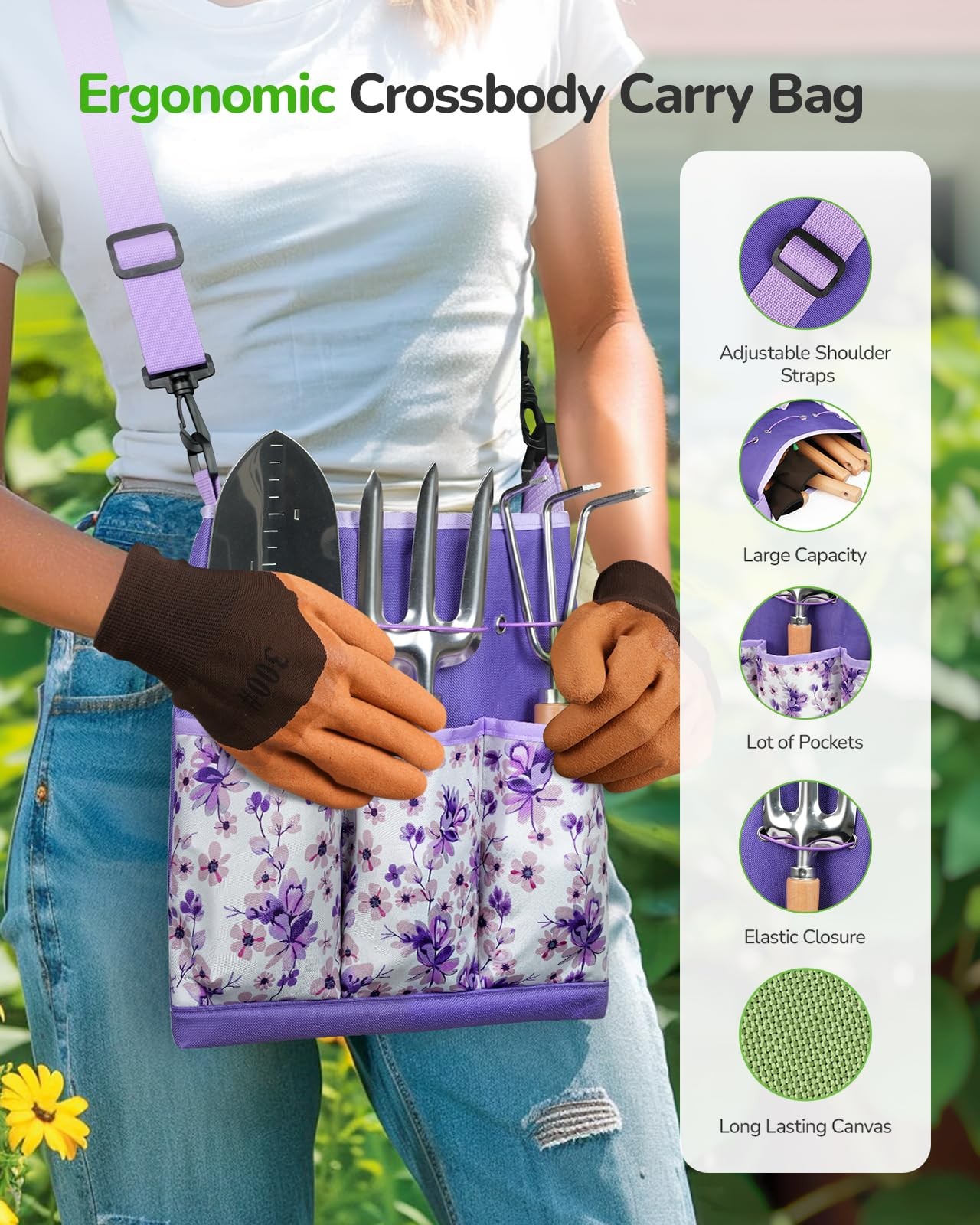 Grenebo Gardening Tools Set, 11-Piece Rust-Proof Kit with Bag, Purple
