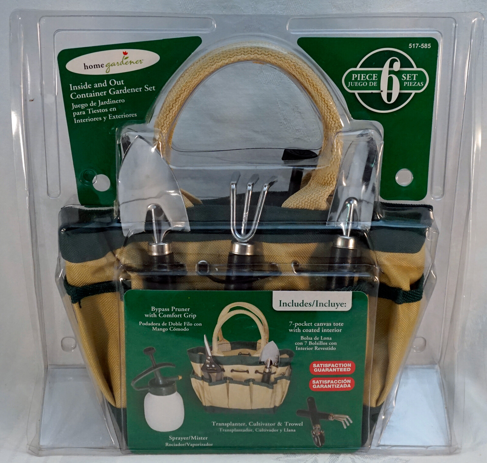 6 Piece Inside & Outside Gardener Set Canvas Tote Pruner Mister 2 Shovels & Rake