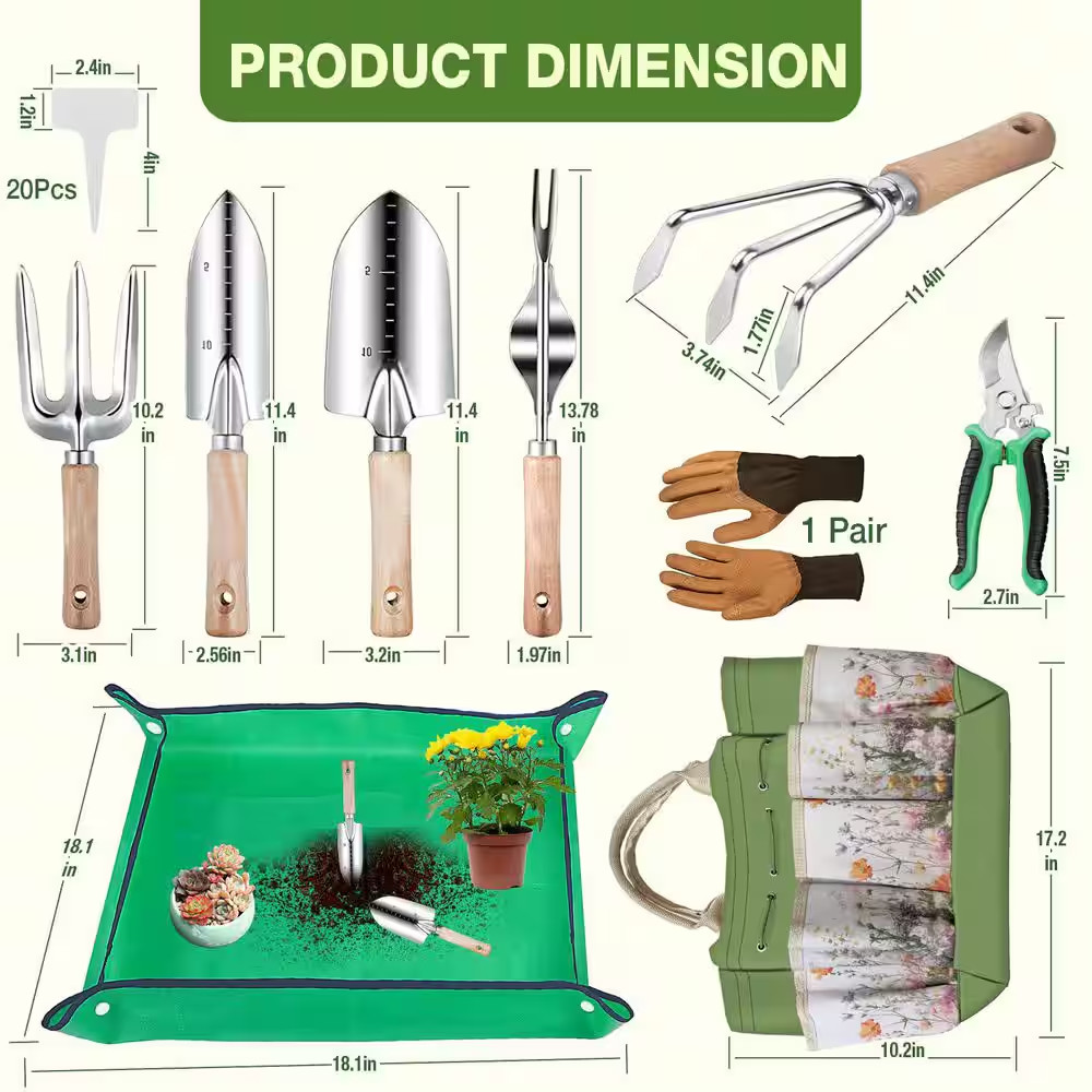 29-Piece Garden Tool Set Heavy Duty Rust-Proof Hand Tools with Floral Tote Bag G