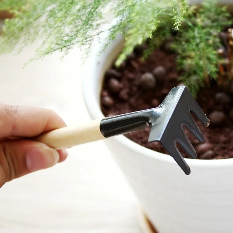 3PCS Mini Garden Tool Set Hand Trowel Spade Rake Wooden Handle Kit