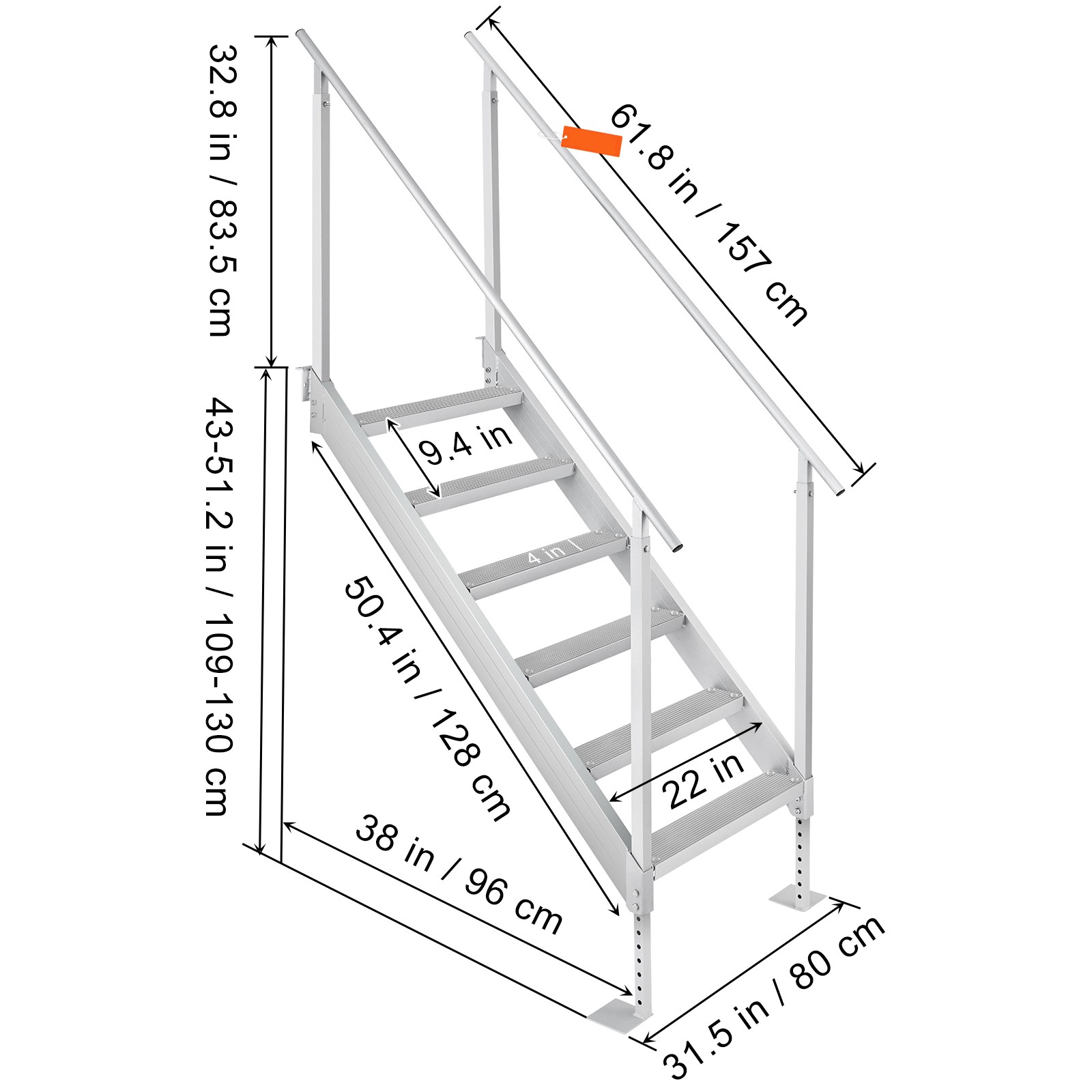 43″-51″ Adjustable Aluminum Alloy Dock Ladder, 6 Steps, 500 lbs Capacity