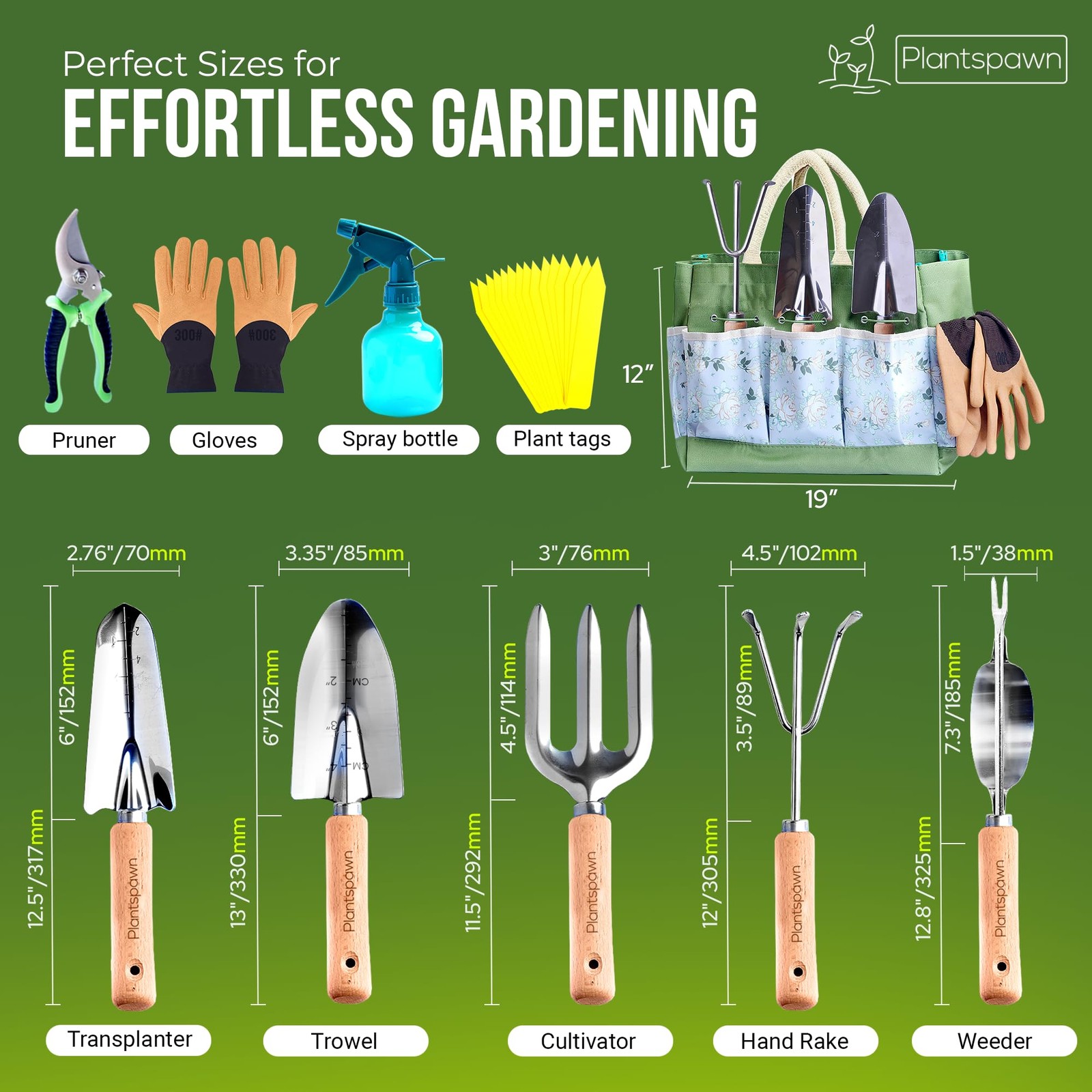 9 PCS Gardening Tools Set, Bag, Heavy-Duty, Wooden Handles, 15 Plant Tags