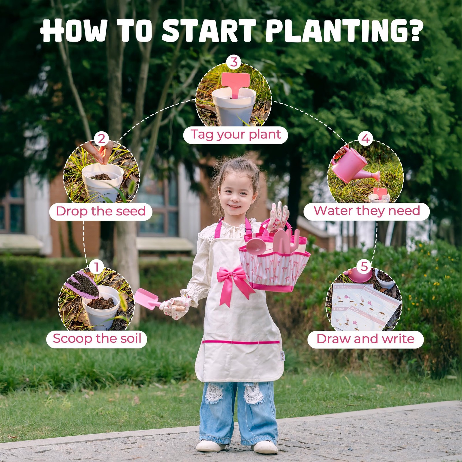 Kids Gardening Set 18 PCS Bow Theme Garden Tools for Kids with Storage Bag, A…