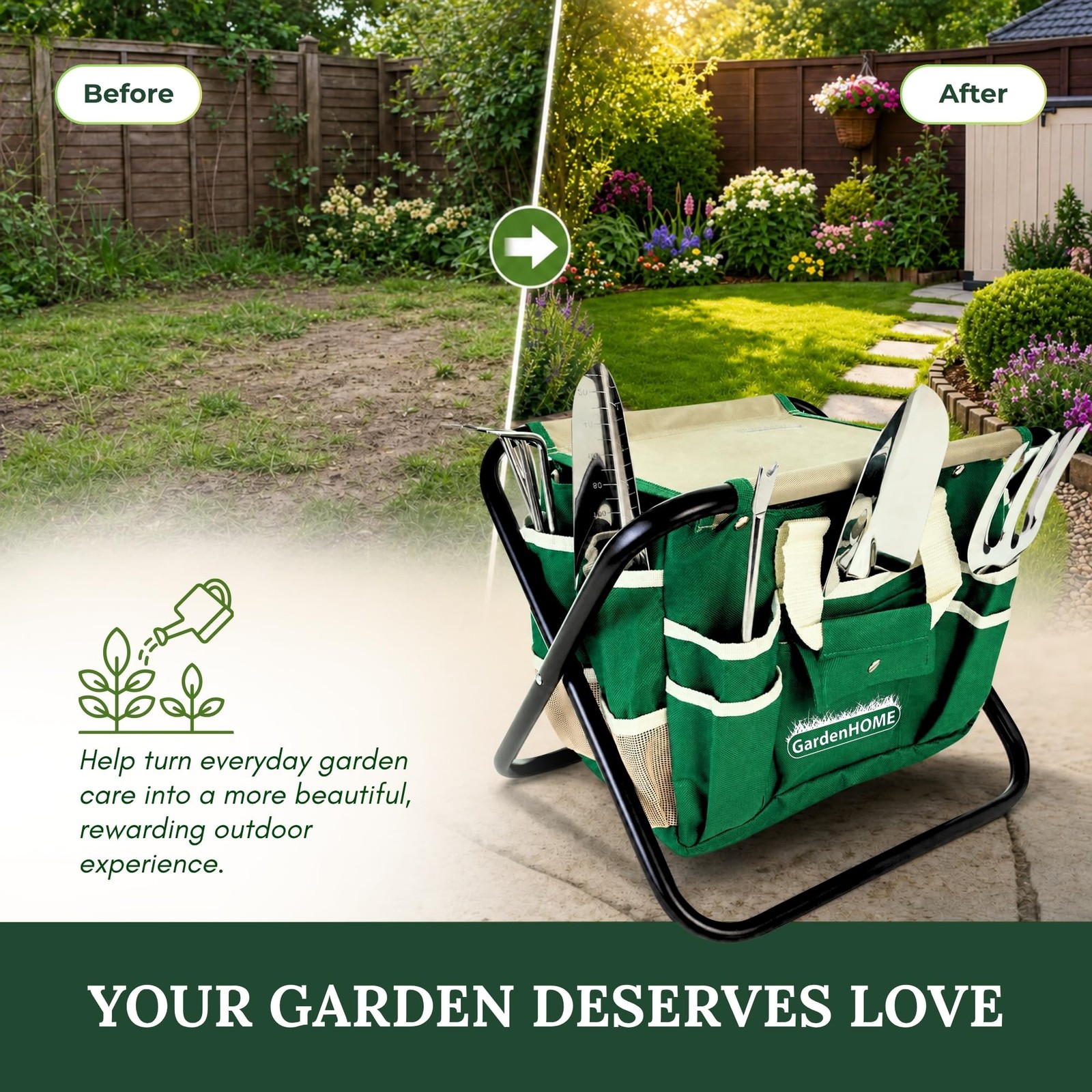 7~Piece Garden Tool Set with Folding Stool, Tote, Stainless Steel