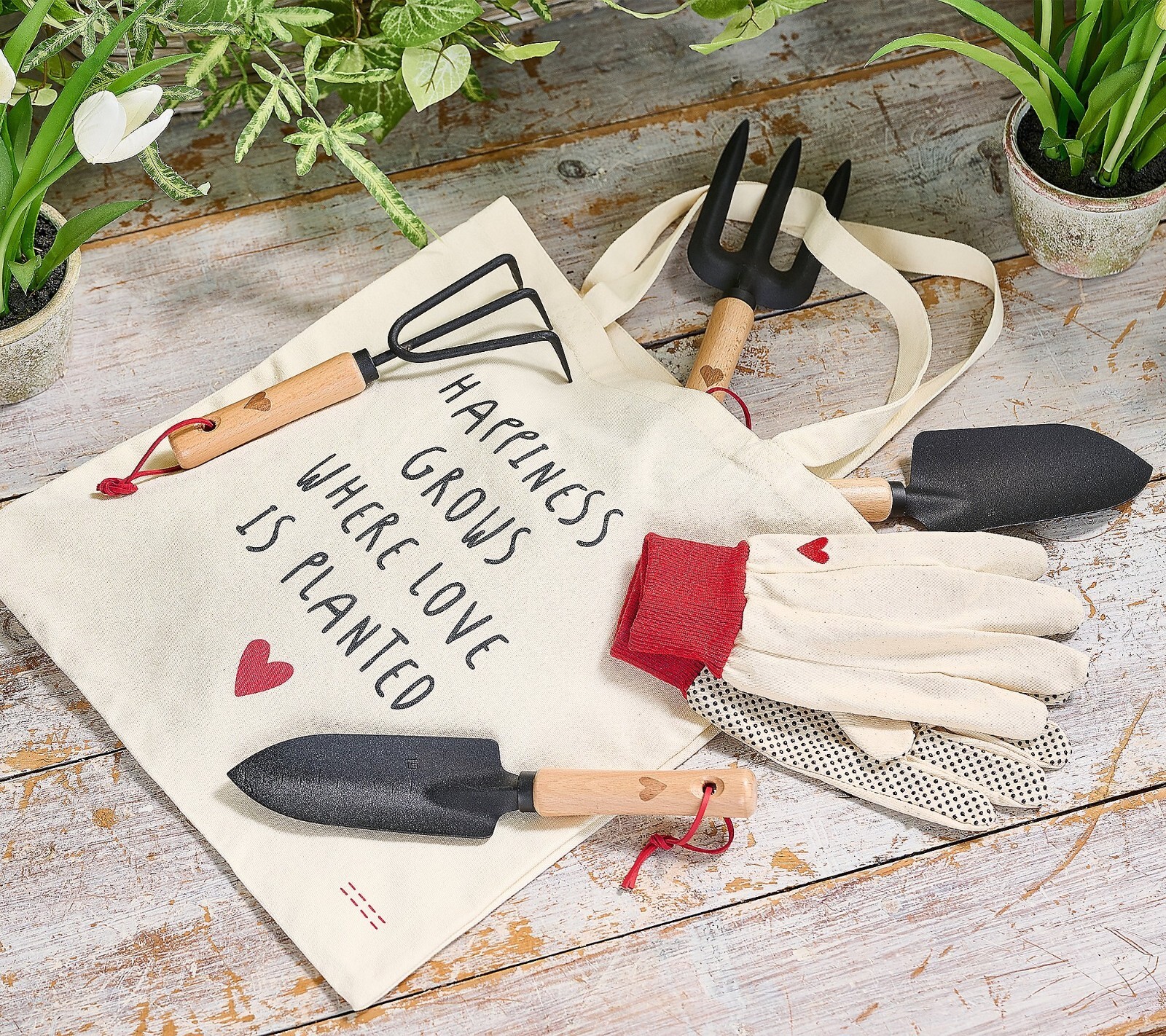 NIB PEACE LOVE WORLD GARDENING KIT W/ GLOVES, BAG, AND TOOLS, RED/NATURAL