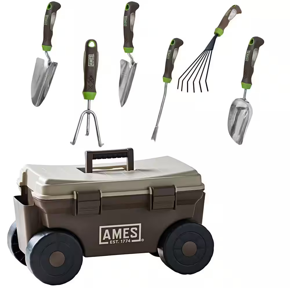 6-Piece Deluxe Hand Tool Combo and Rolling Cart Garden Tool Set