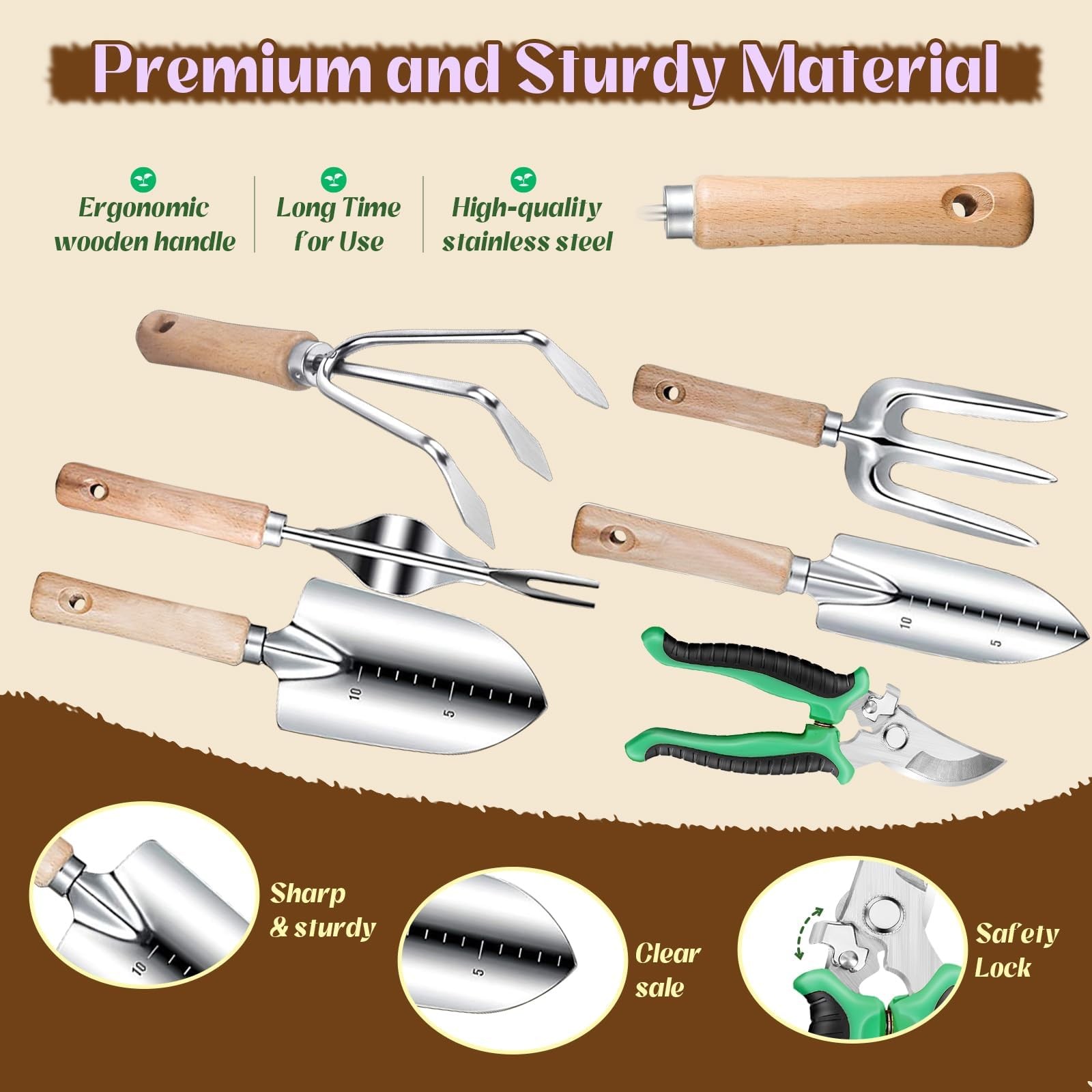 Gardening Tools 9-Piece Heavy-Duty Garden Tools Set, Stainless Steel Garden H…