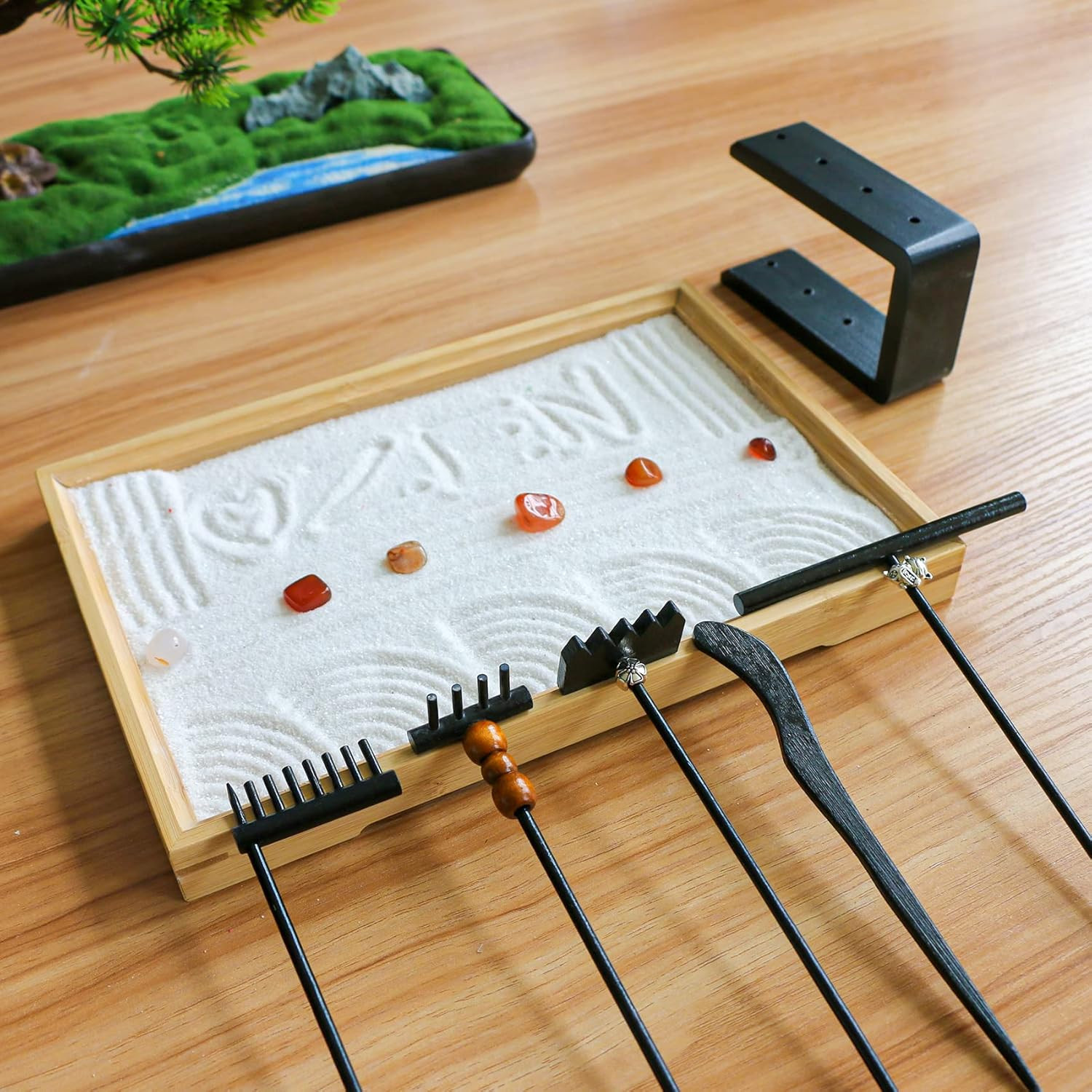 12-Piece Mini Zen Garden Rake Set with Storage Stand and Crystals for Relaxation