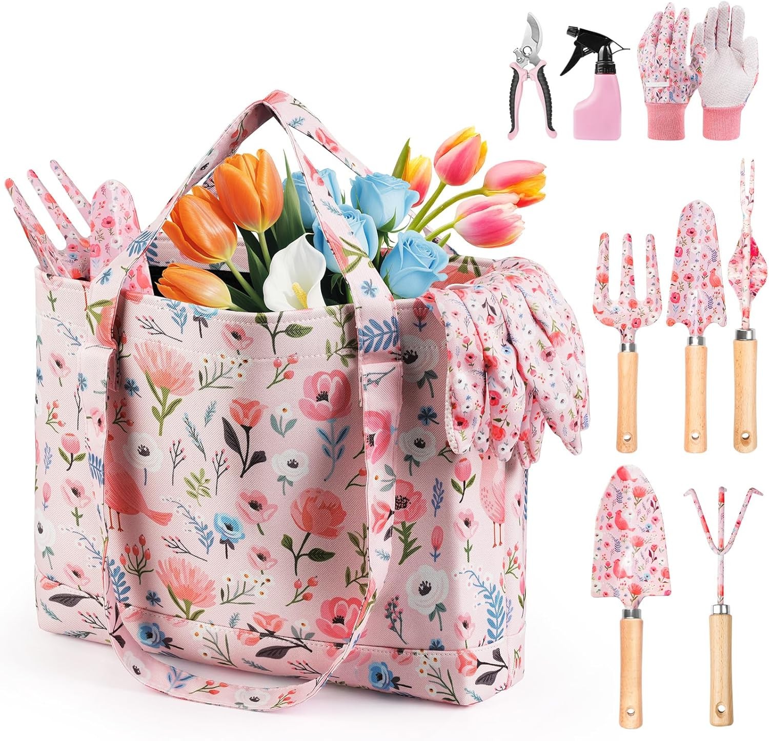 10 Piece Pink Gardening Gift Set with Floral Organizer Bag