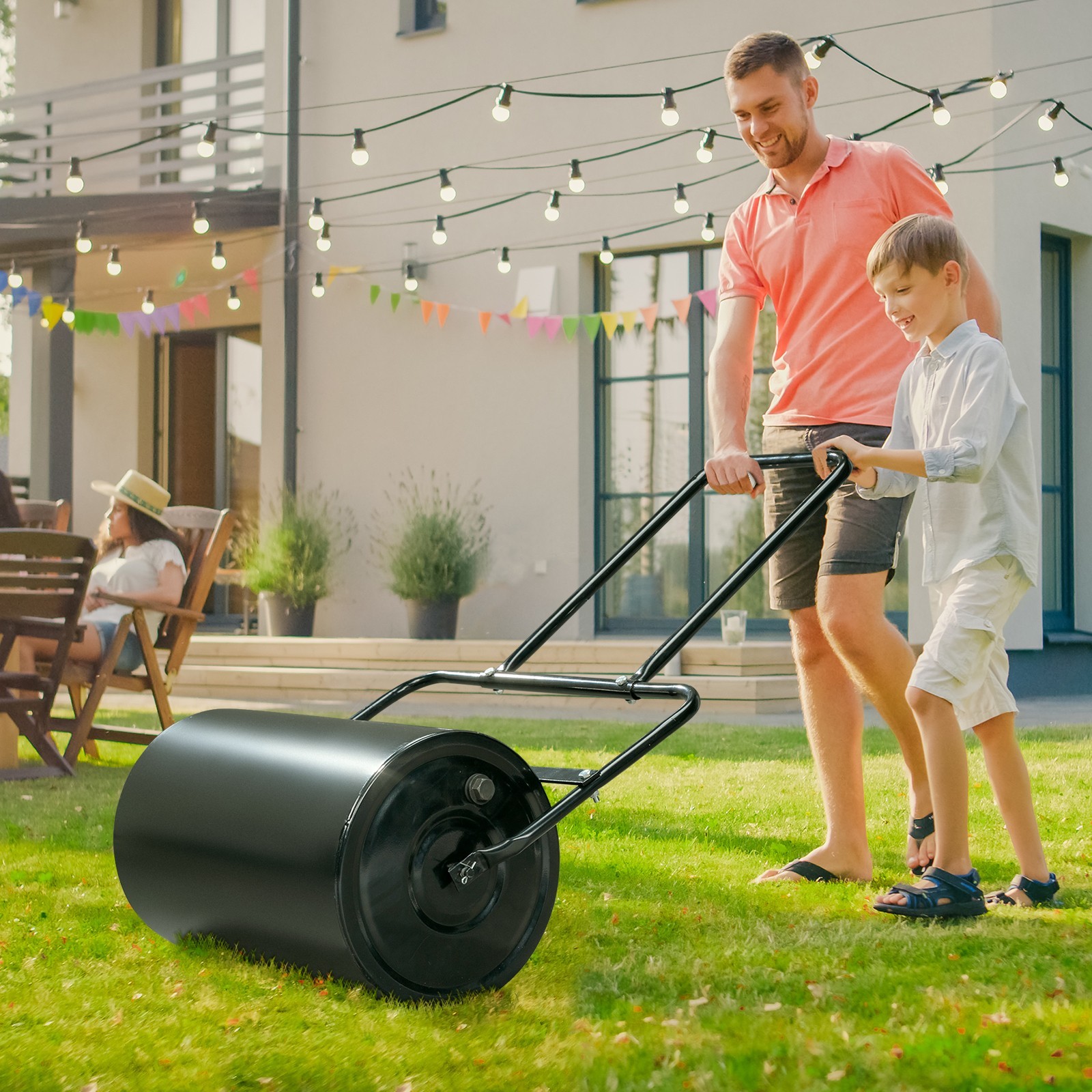 19.5in Lawn Roller Iron Cylindrical Black with U-handle