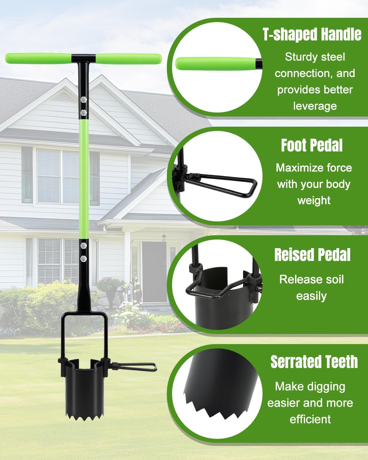 Bulb Planter Tool Long Handle, 30In Serrated Base, 5 in 1 Lawn Tool, Sod Cutter,