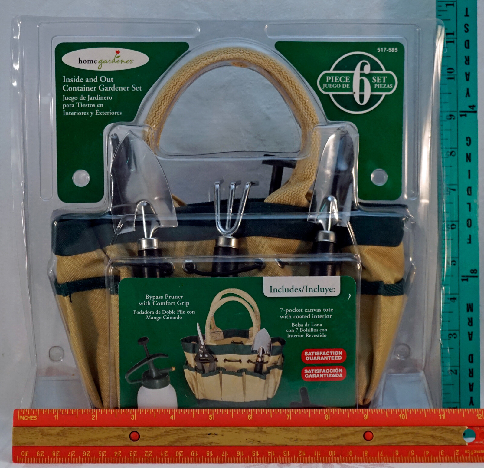 6 Piece Inside & Outside Gardener Set Canvas Tote Pruner Mister 2 Shovels & Rake