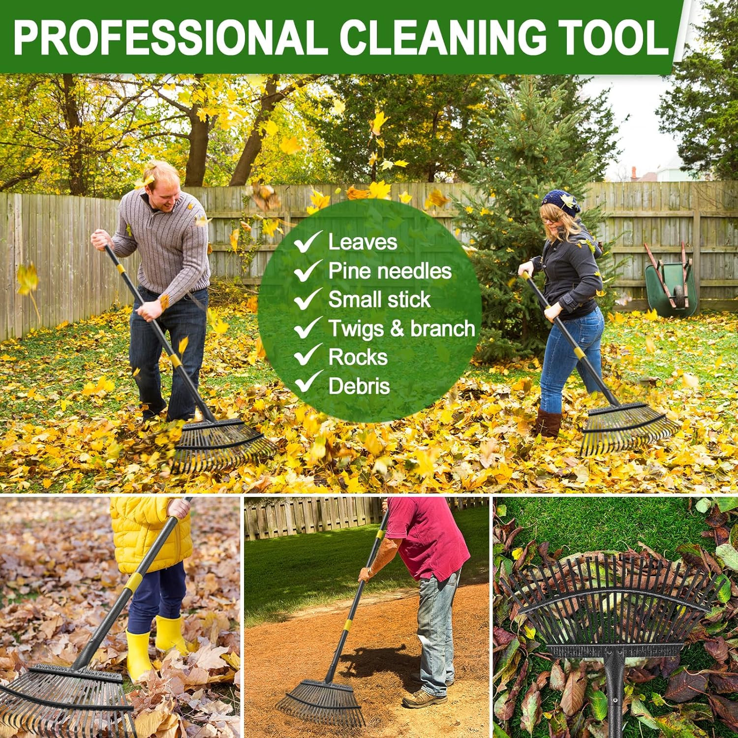 Strong Rack for Yard Lawn Shrub tree Leaves 25 Metal Tine 18″ W*72″ L handle