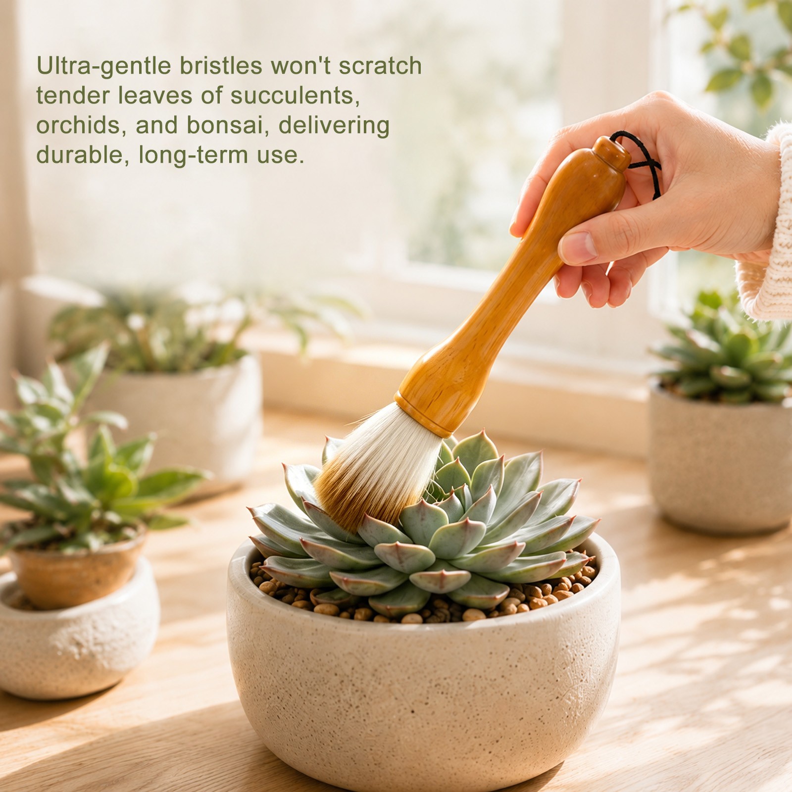 1-Set Plant Brush, Wooden Garden Tool Brush [Black/Yellow-White Bristle]
