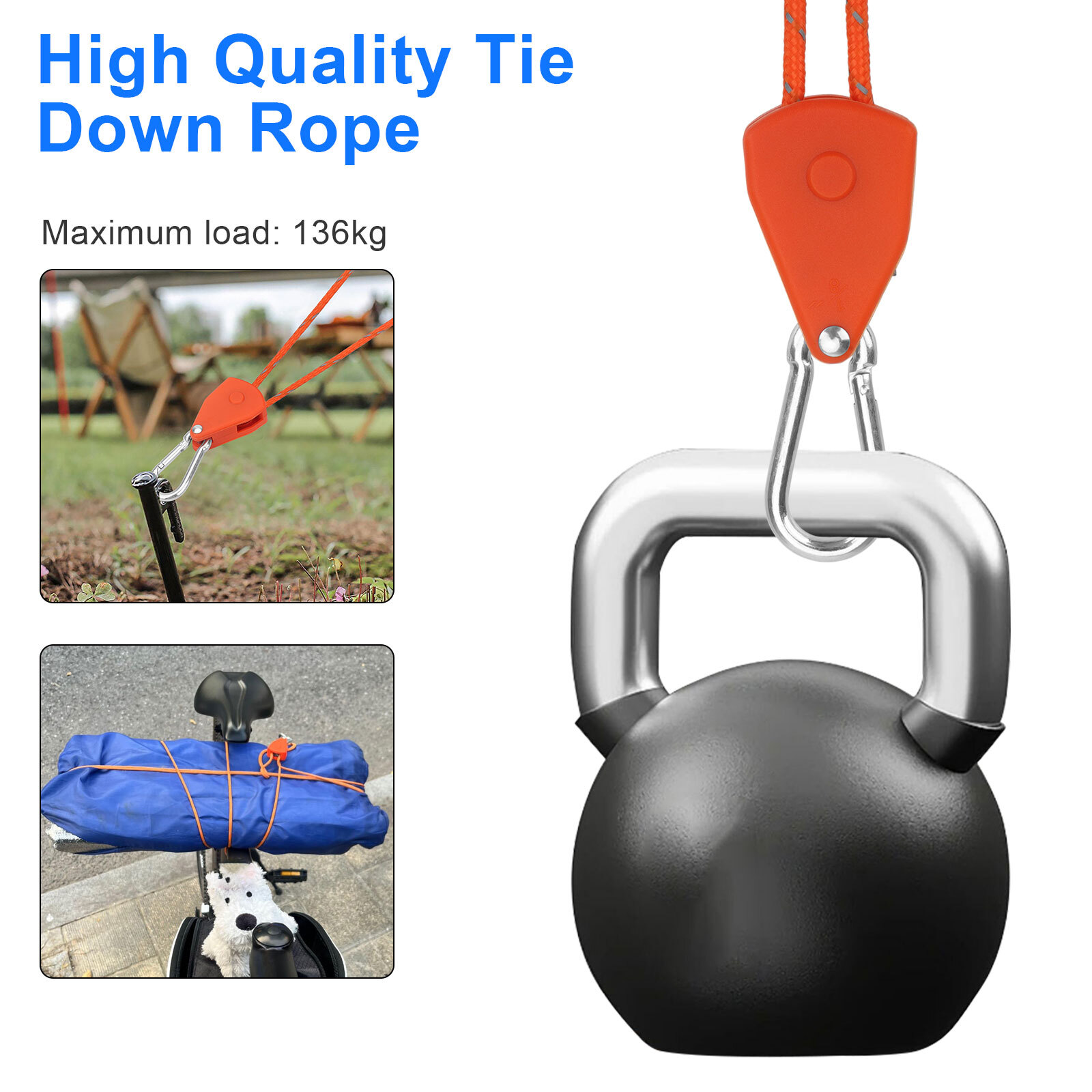 4Pcs Tent Rope Pulley Kit 4M Reflective Cord w/ Adjustable Ratchet Hanger 300lbs