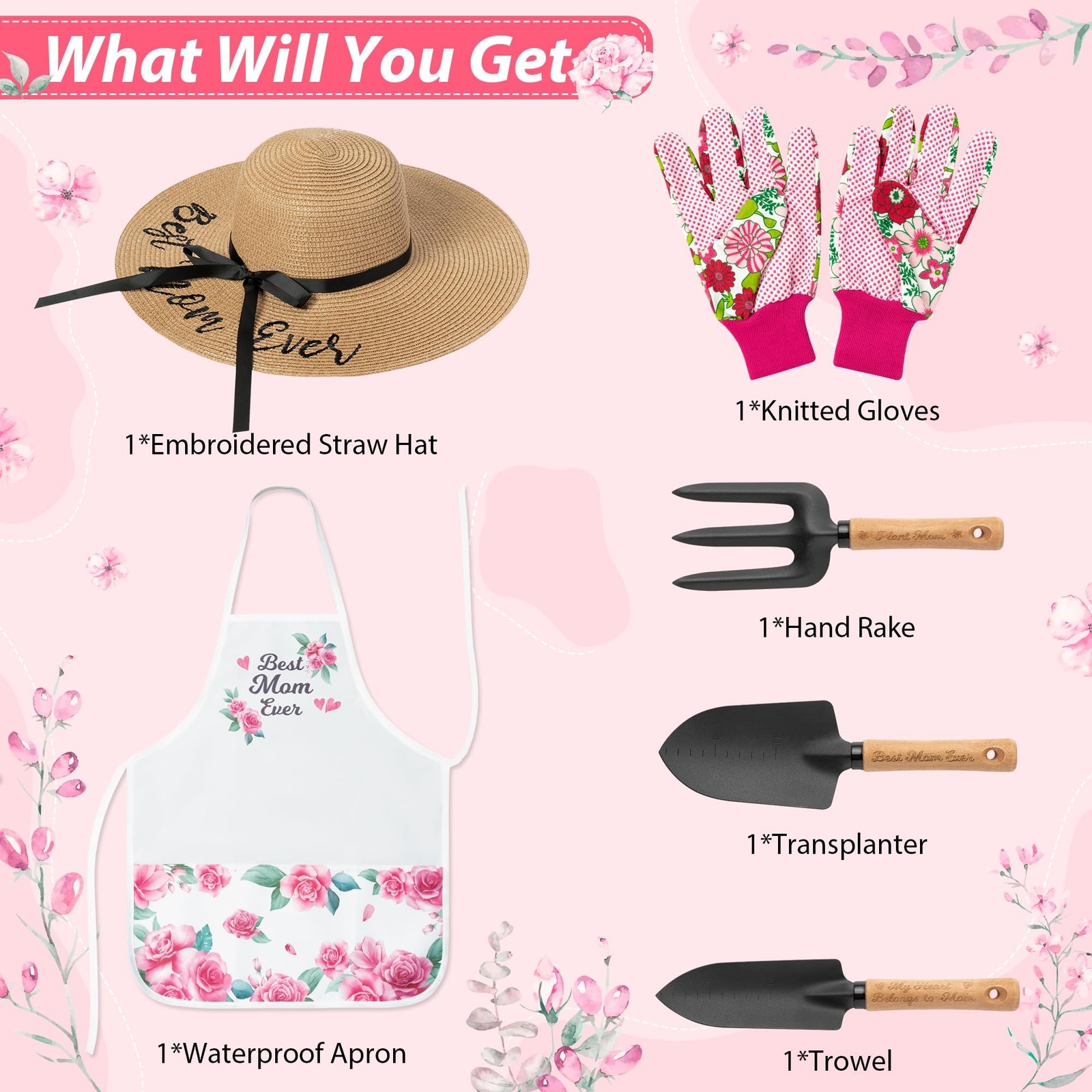 Mom Garden Tools Pink Hand Rake Transplanter Apron Trowel Straw Hat Planting …