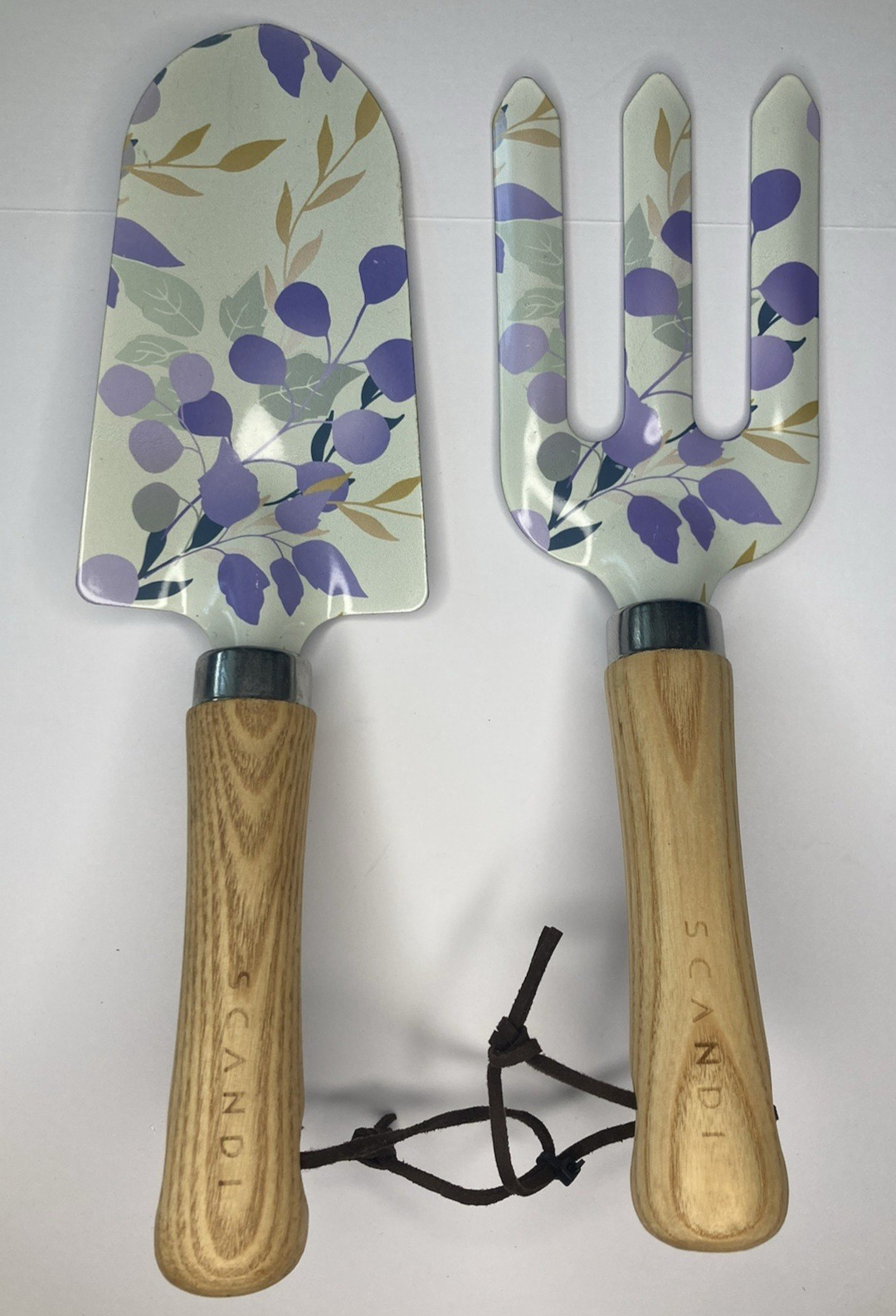 Scandi Garden Tool 2pc Set Wood Handle Painted Metal Leaves Botanical Print