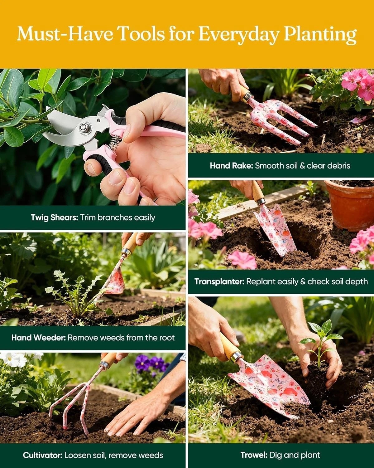 Elegant 12-Piece Gardening Tools Set, Rust-Proof & Ergonomic, Pink Floral Design