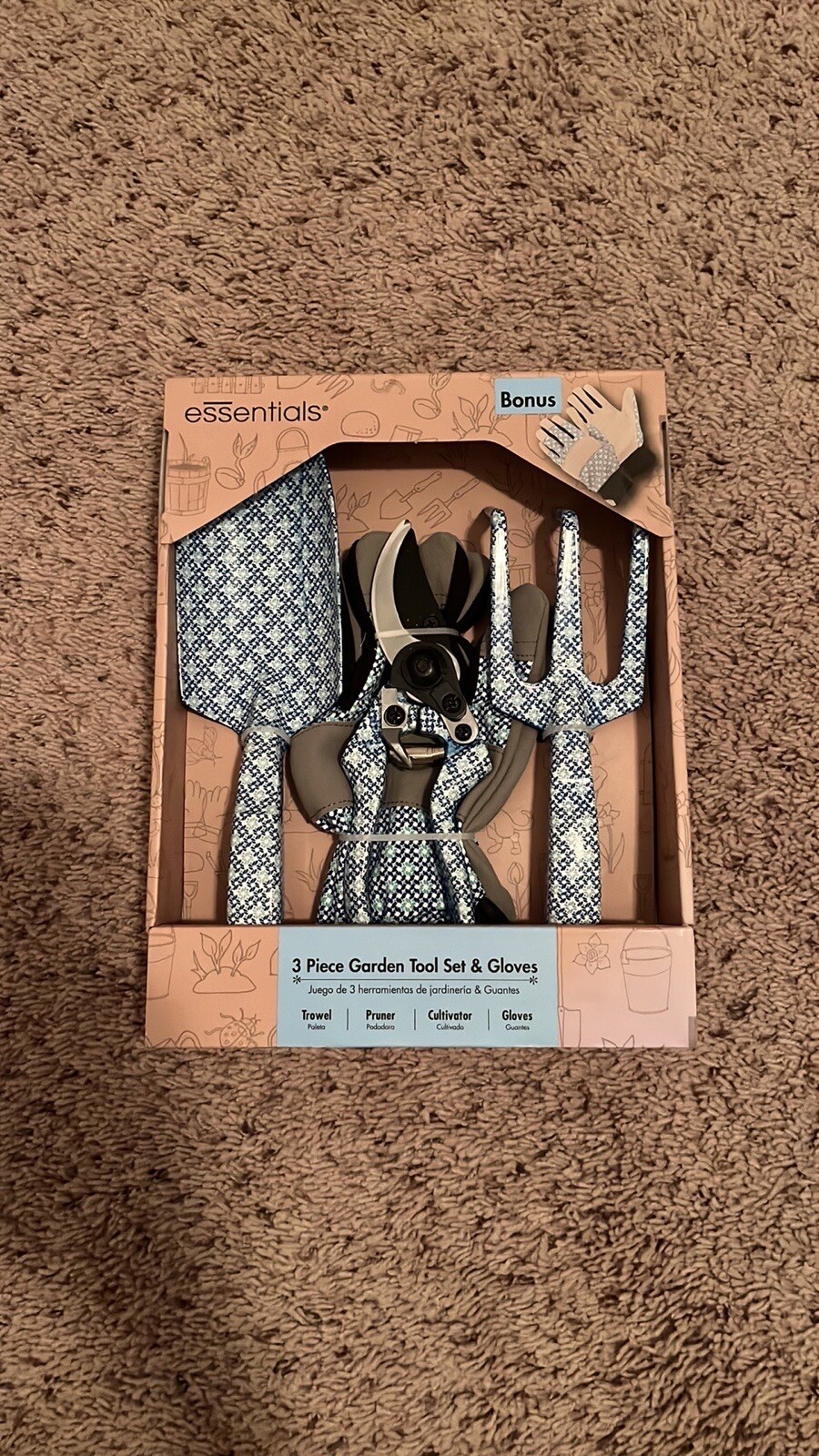 Essentials 3-piece Garden Tools Set Bonus Gloves, Trowel, Pruner, Cultivator New