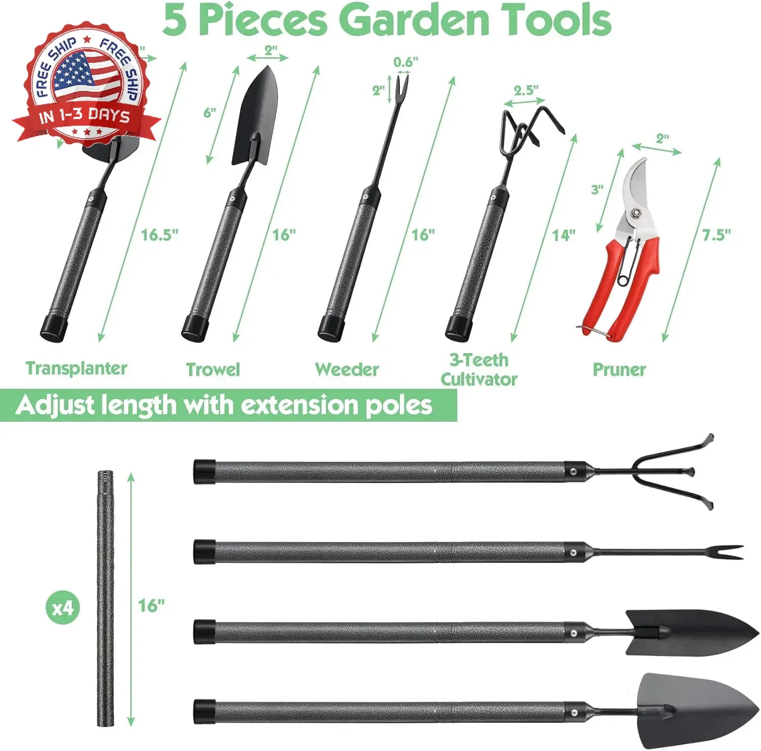 Garden Tools Set 5 Piece with Extended Handle, Heavy Duty Garden Tools Set, Idea