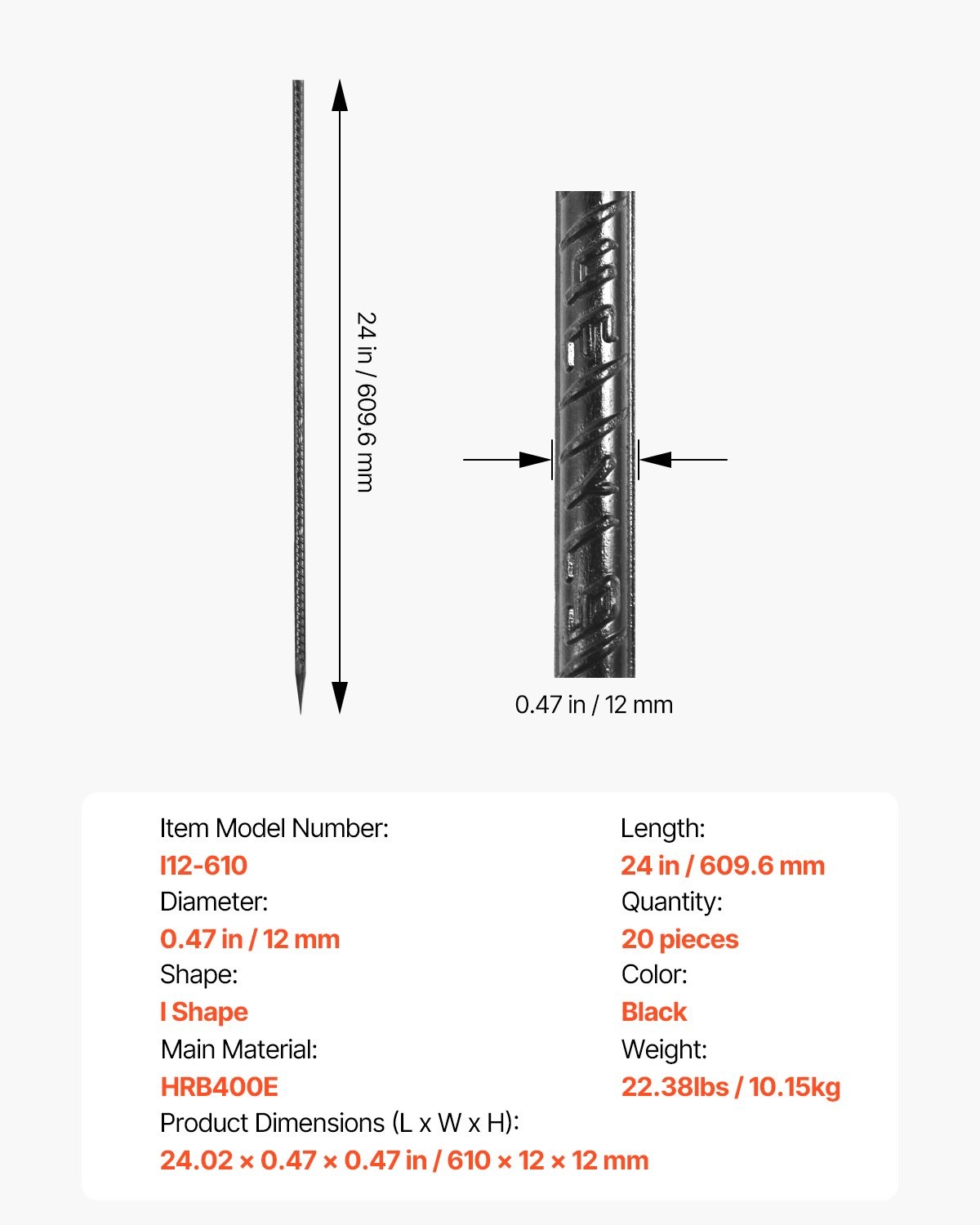 Rebar Stakes, 24-Inch, Heavy-Duty 0.47 in Diameter, Straight Galvanized Steel Gr